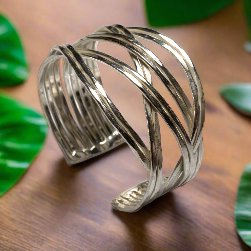 Woven silver metal cuff bracelet artisan Bali jewelry