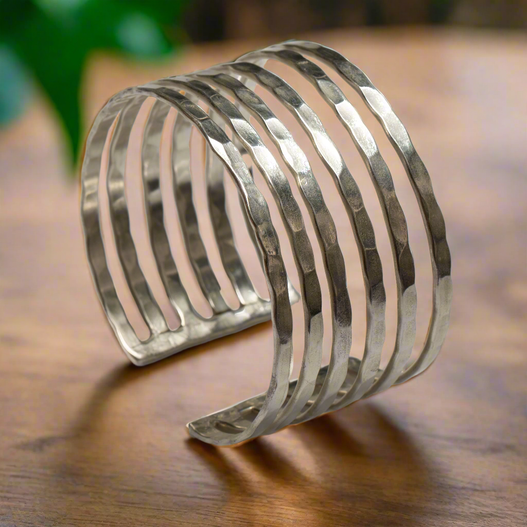 Silver six strand metal cuff bracelet Bali handmade