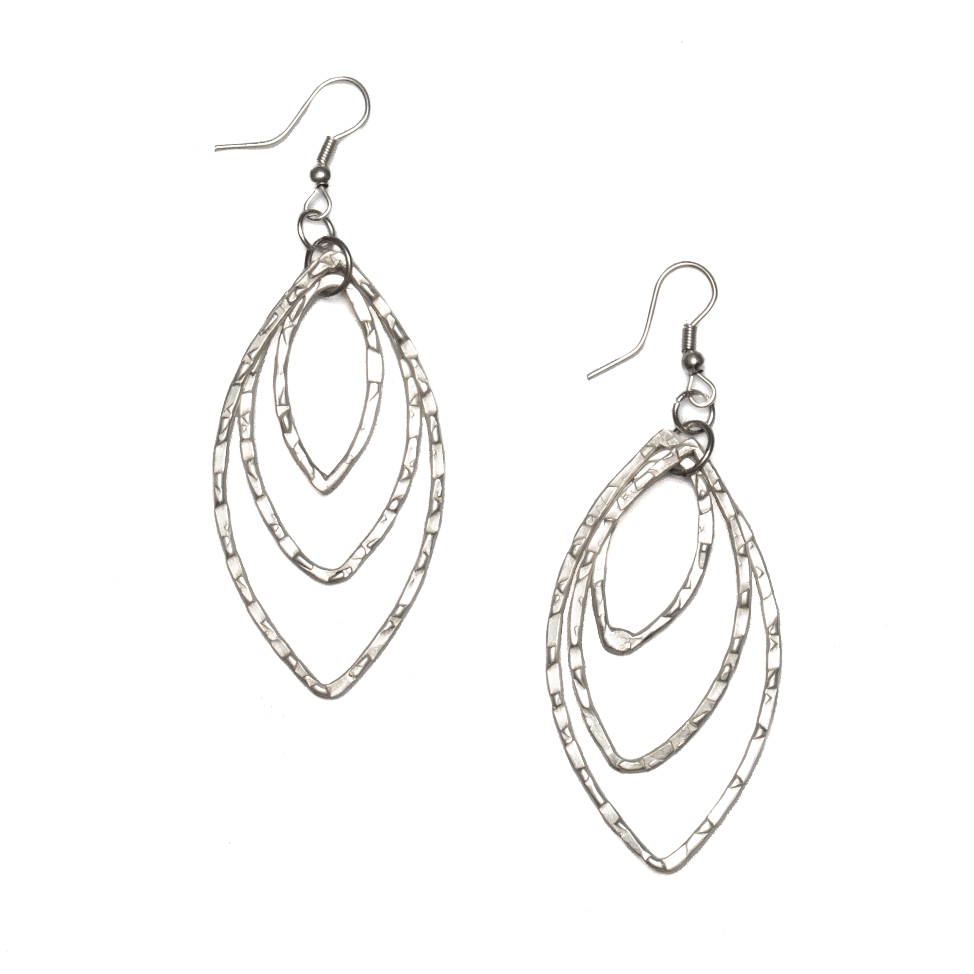 Silver plate triple oval metal drop earrings elegant dangle jewelry handmade in bali 