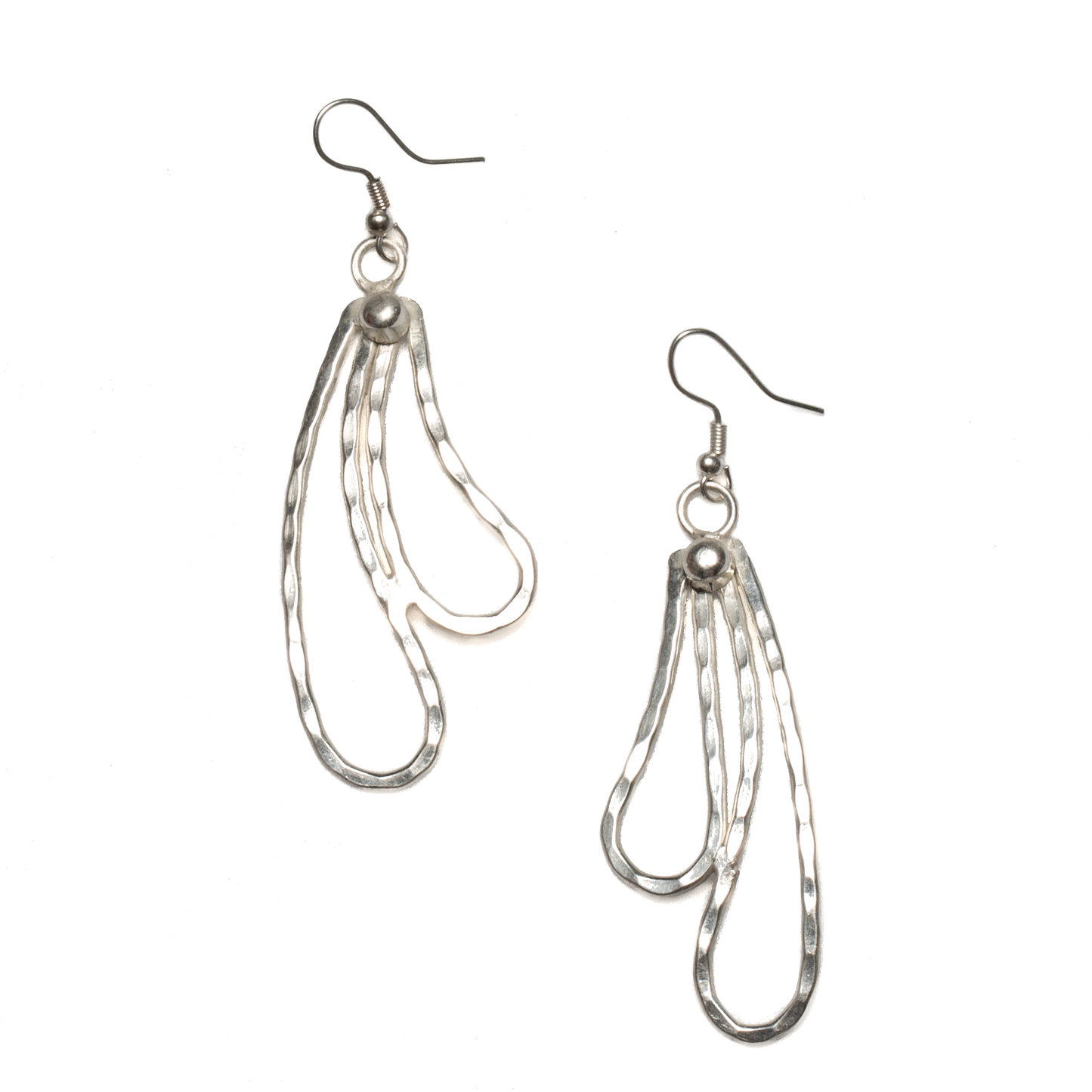 Silver double teardrop metal drop earrings handmade in Bali elegant dangle jewelry