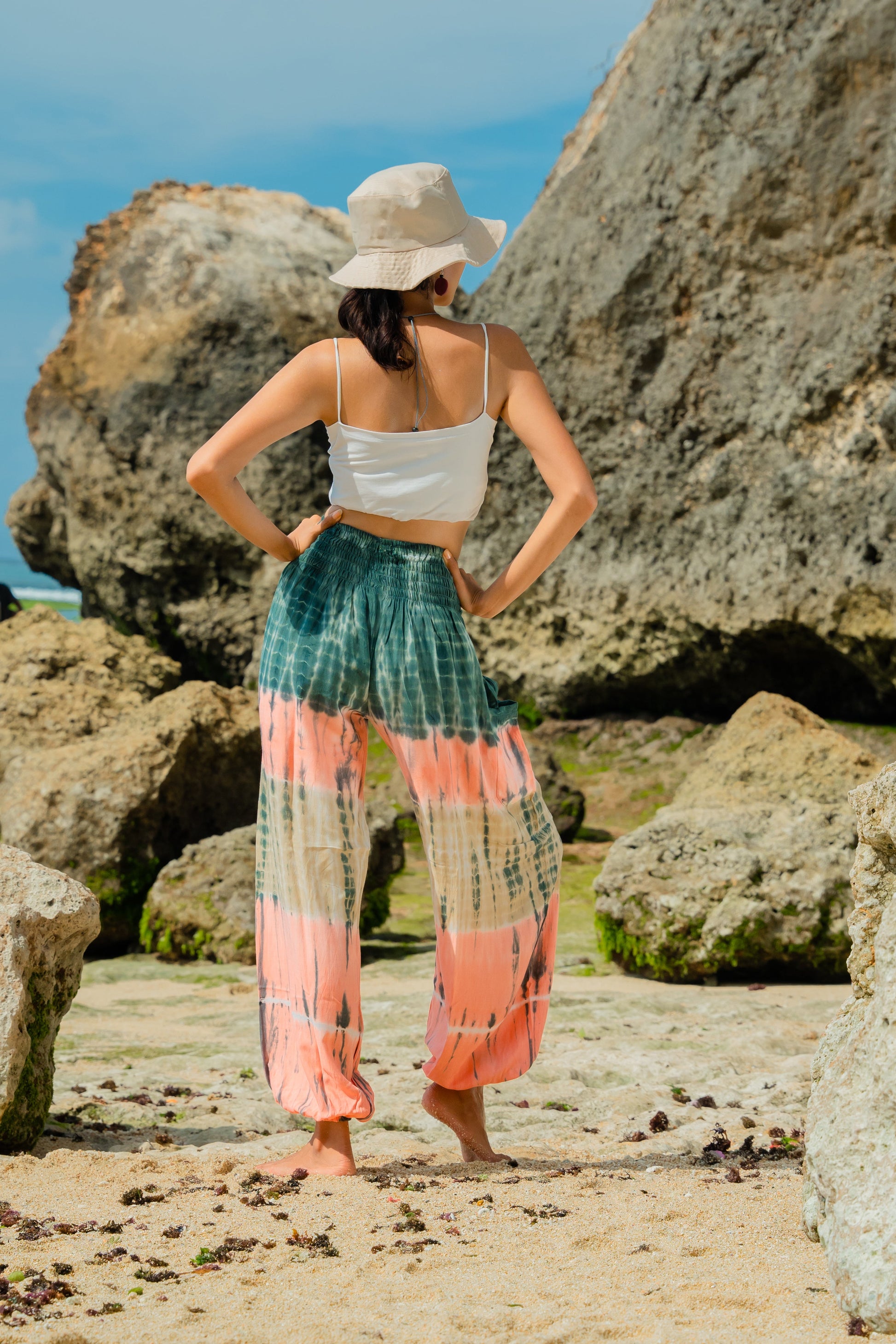Pink and grey tie dye stripe Bali pants handmade boho women's trousers back view
