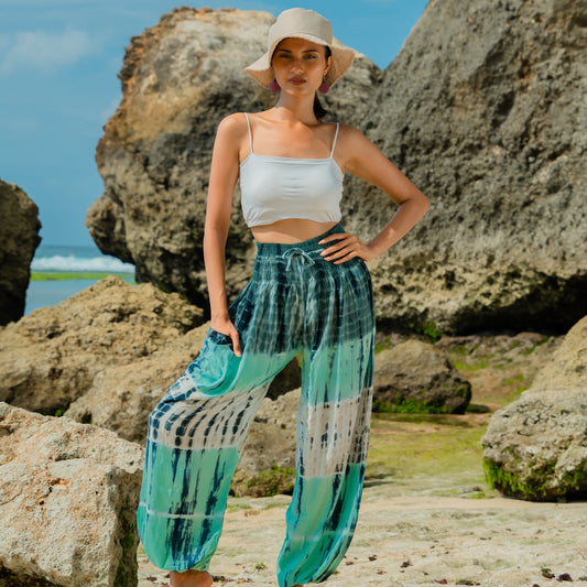 Turquoise grey tie dye stripe Bali pants fabric texture close up