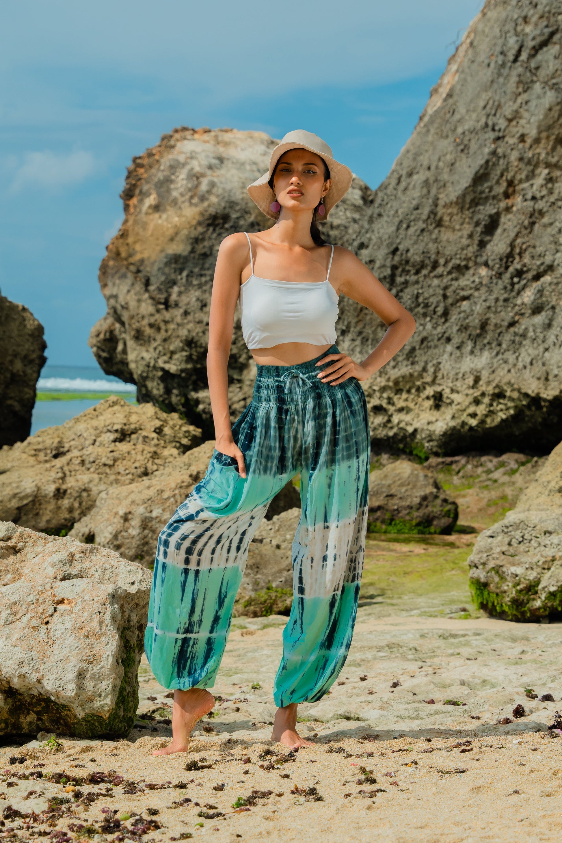 Handmade tie dye stripe Bali pants turquoise grey front view