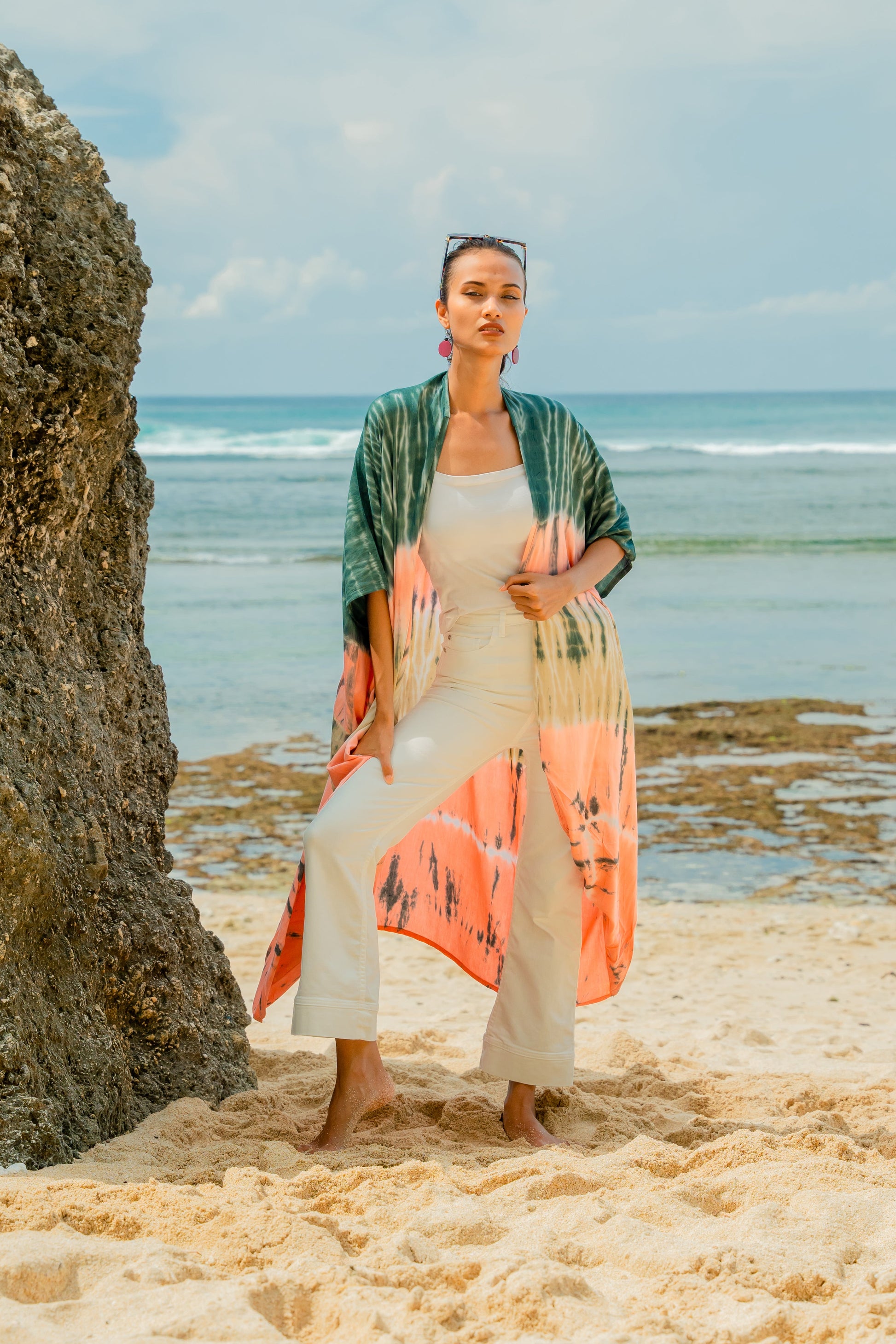 Tie dye stripe kimono pink grey lightweight summer wrap front view