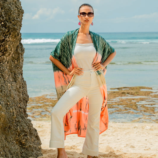 Pink grey stripe kimono open front beach cover up women