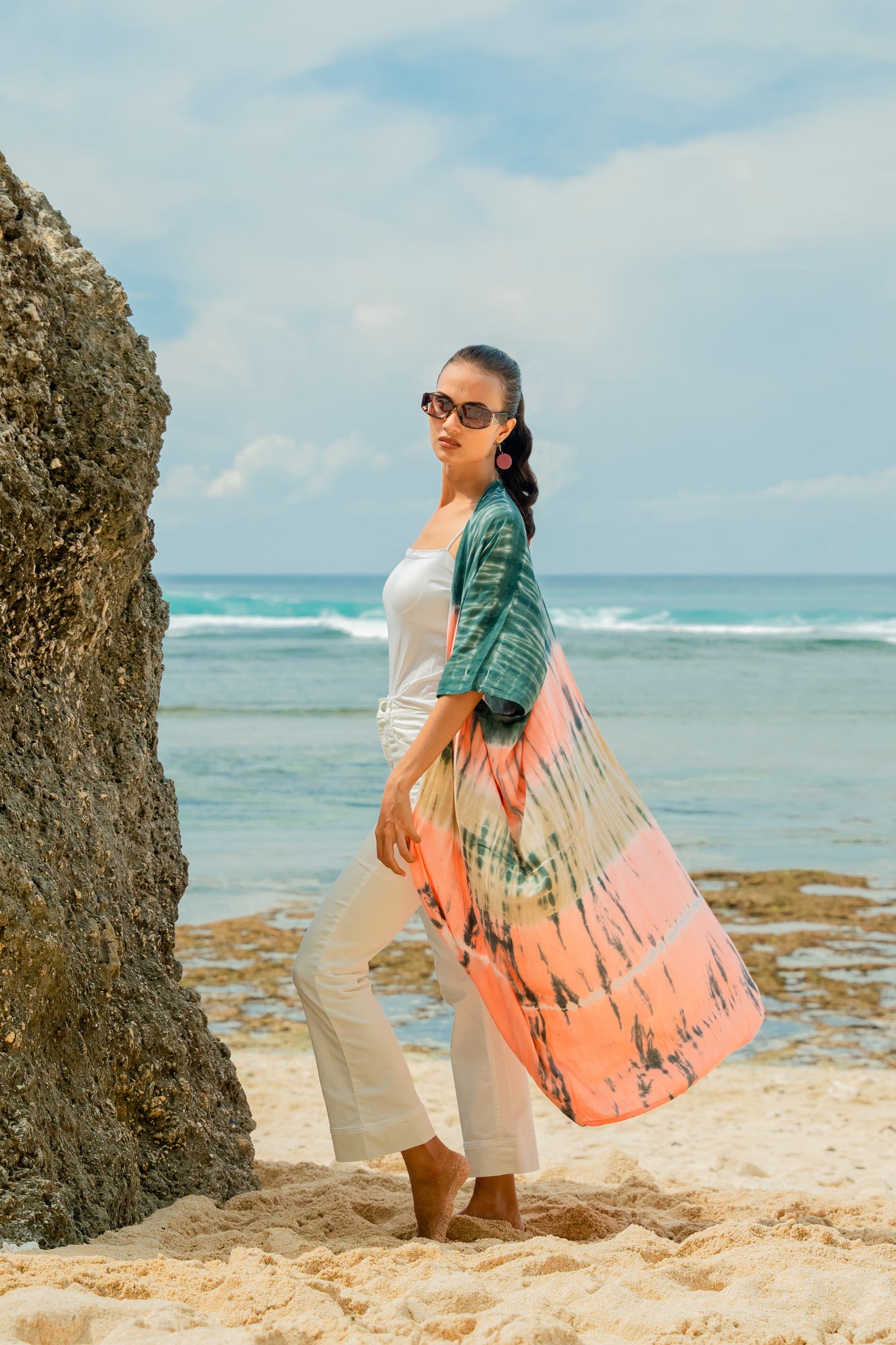 Tie dye stripe kimono pink grey lightweight summer wrap side view