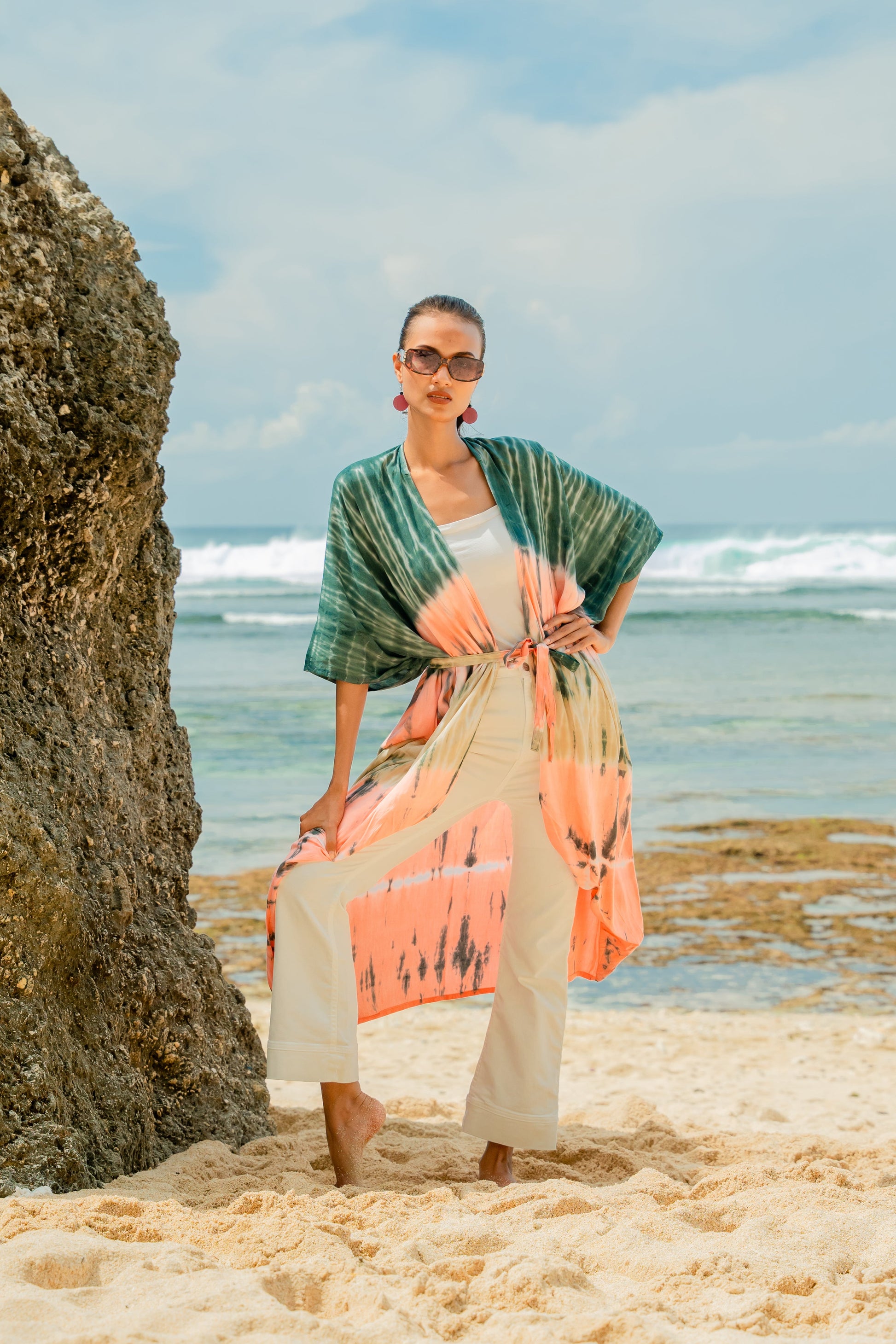 Handmade tie dye stripe kimono pink grey Bali artisan clothing