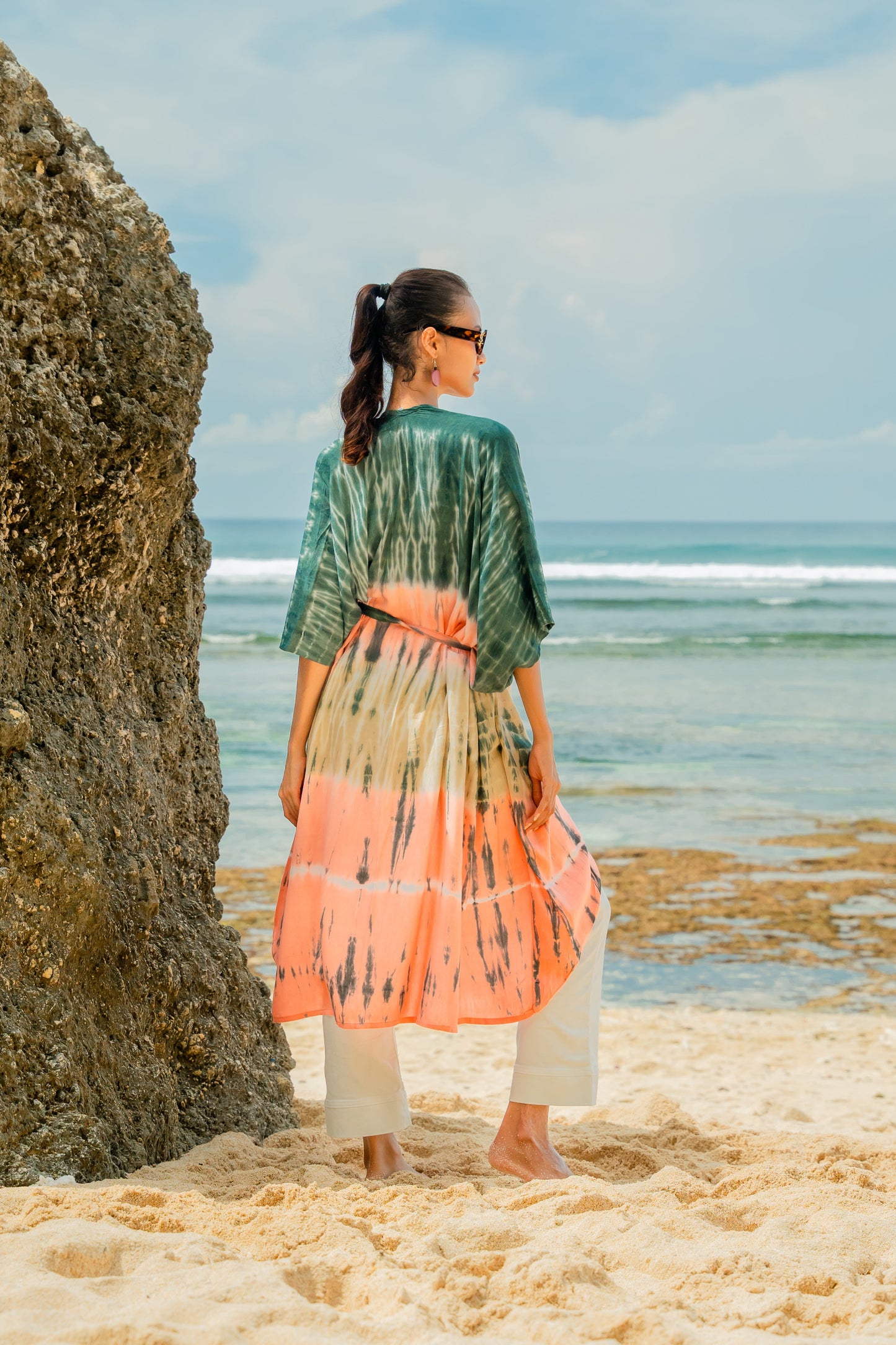 Tie dye stripe kimono pink grey lightweight summer wrap back view
