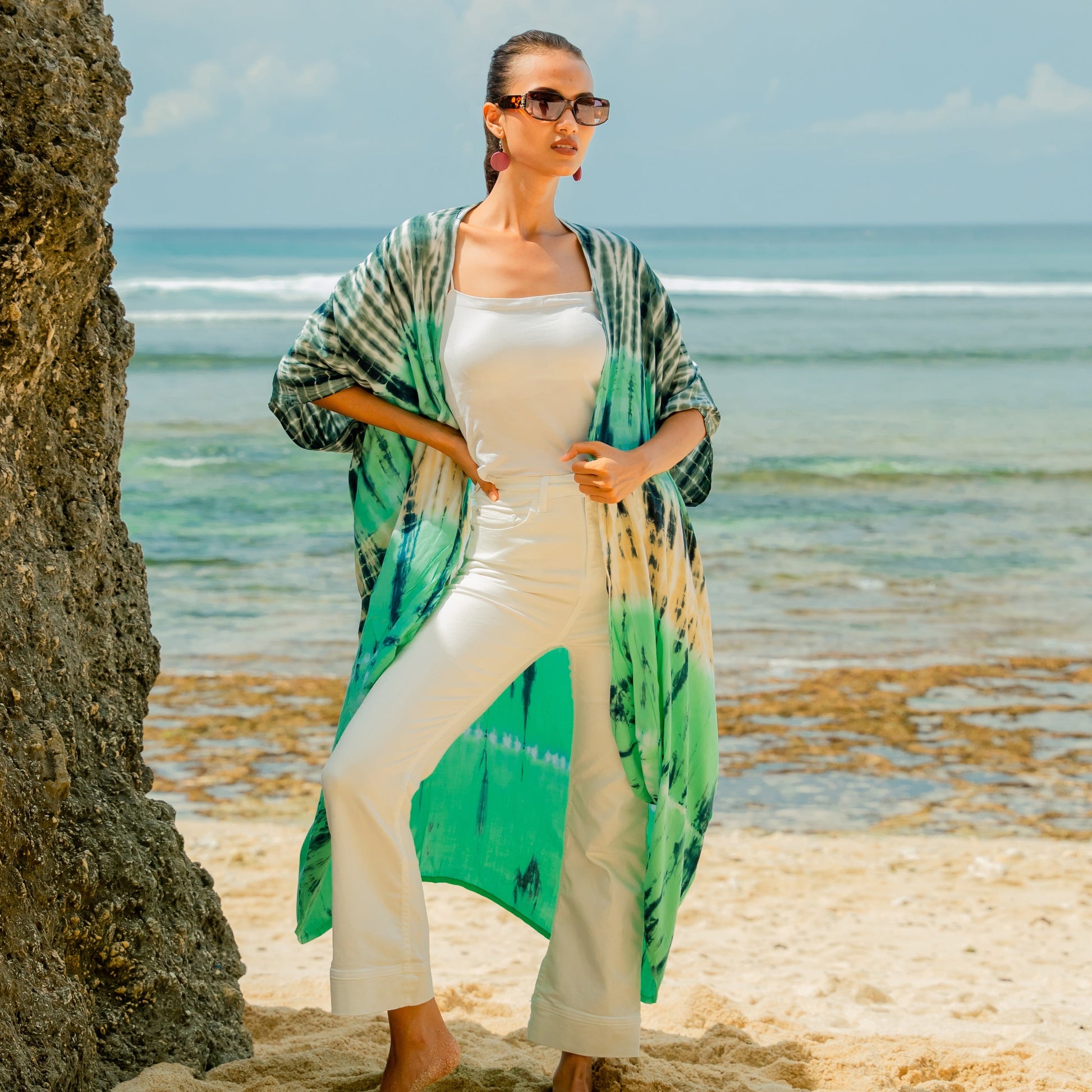 Turquoise and grey tie dye stripe long kimono Bali handmade boho