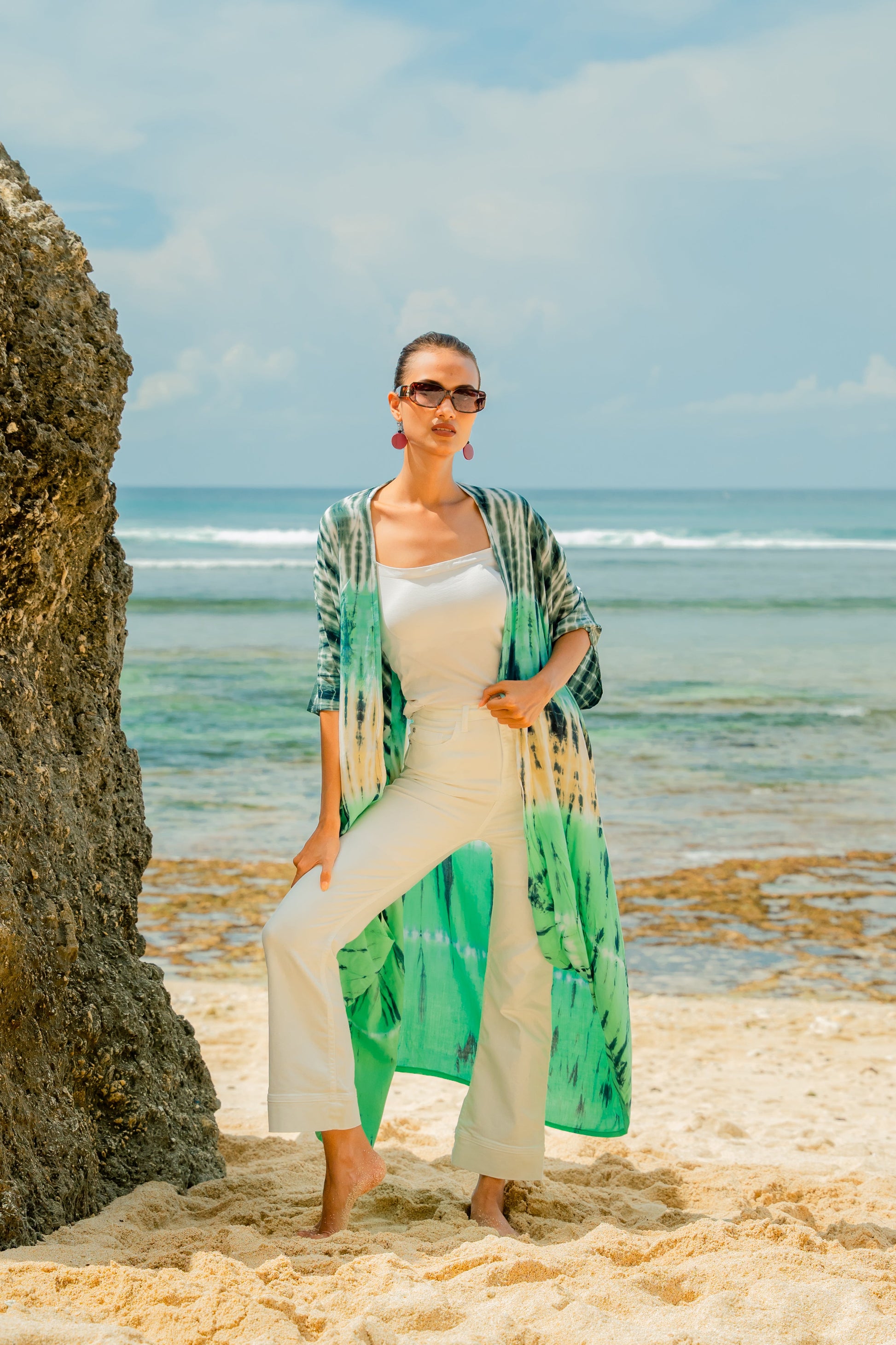 Turquoise grey stripe kimono open front beach cover up women