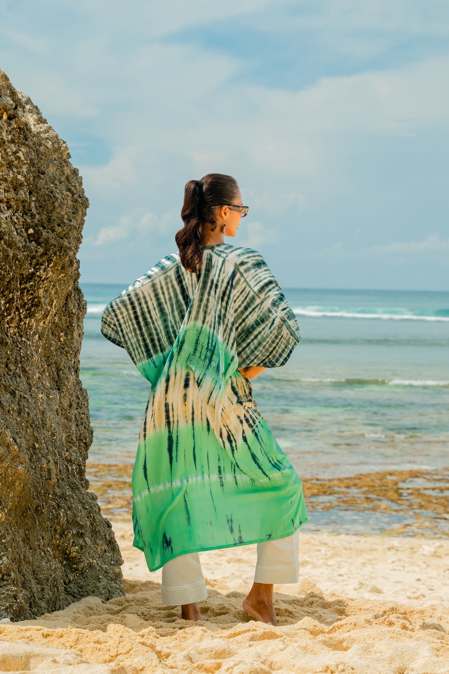 Handmade tie dye stripe kimono turquoise grey Bali artisan back view