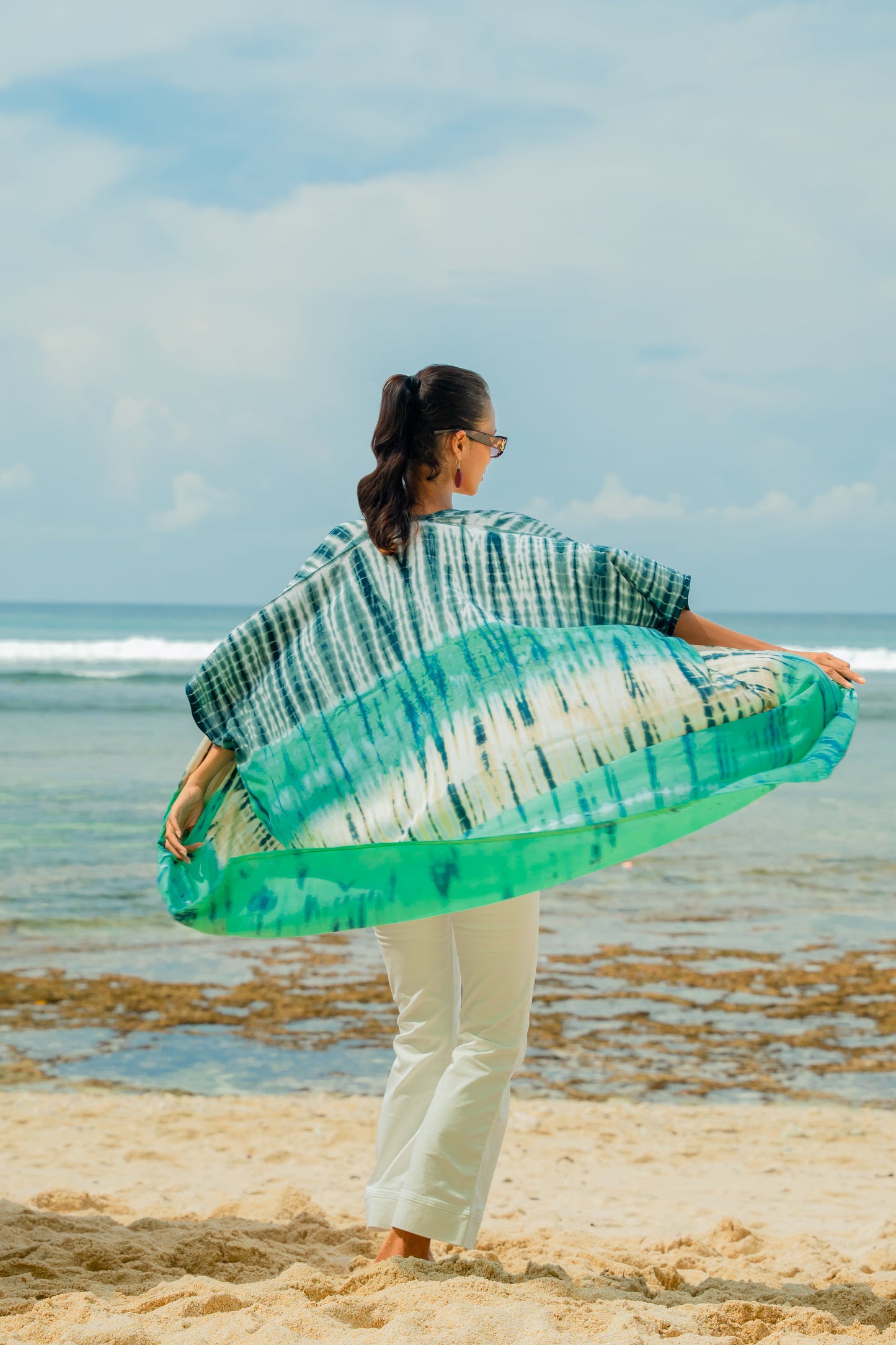 Turquoise and grey striped kimono boho festival wear open back view