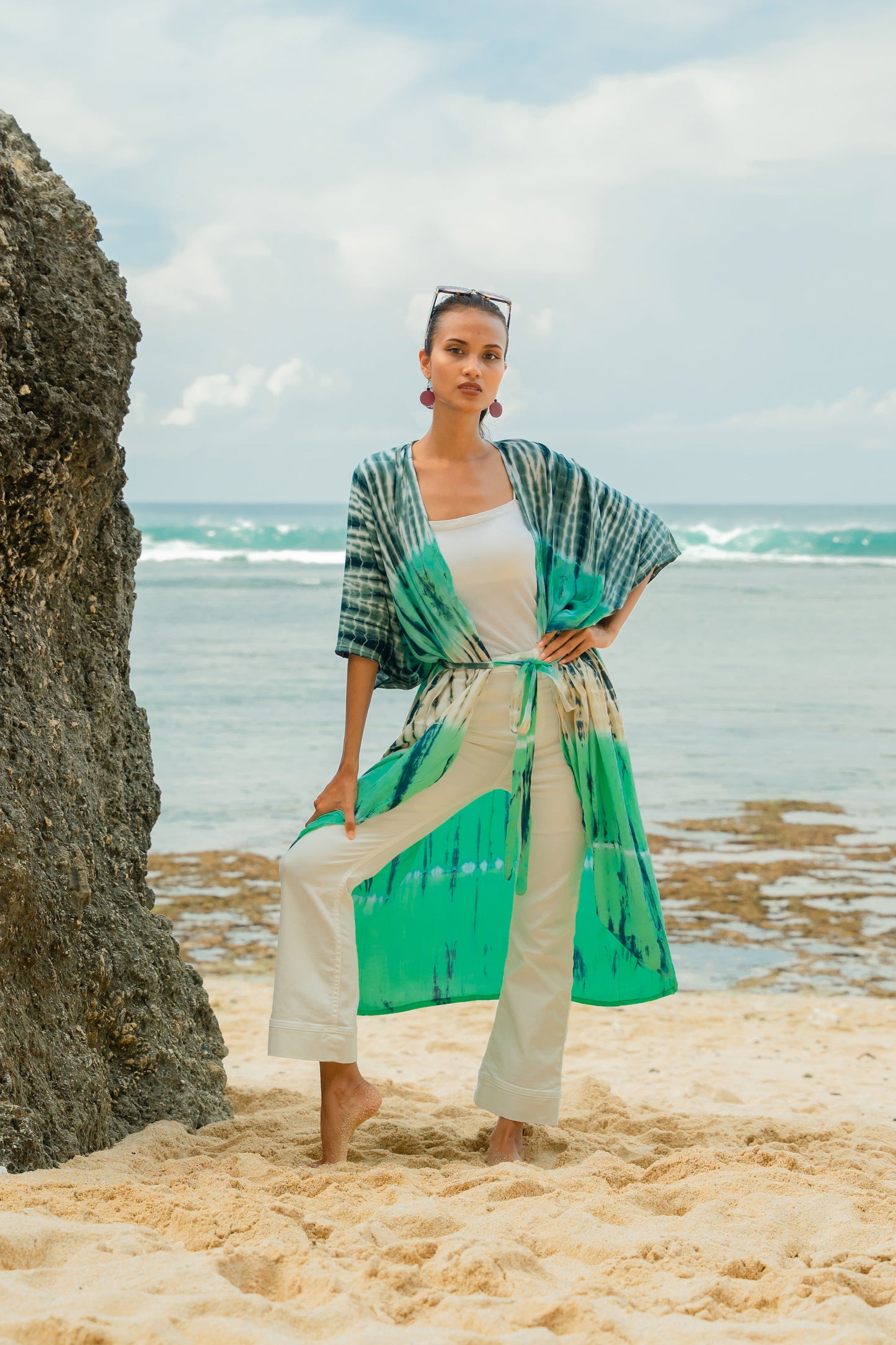 Tie dye stripe kimono turquoise grey lightweight summer wrap