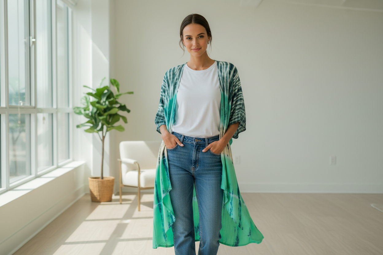 Turquoise grey stripe kimono styled with jeans and a white t shirt