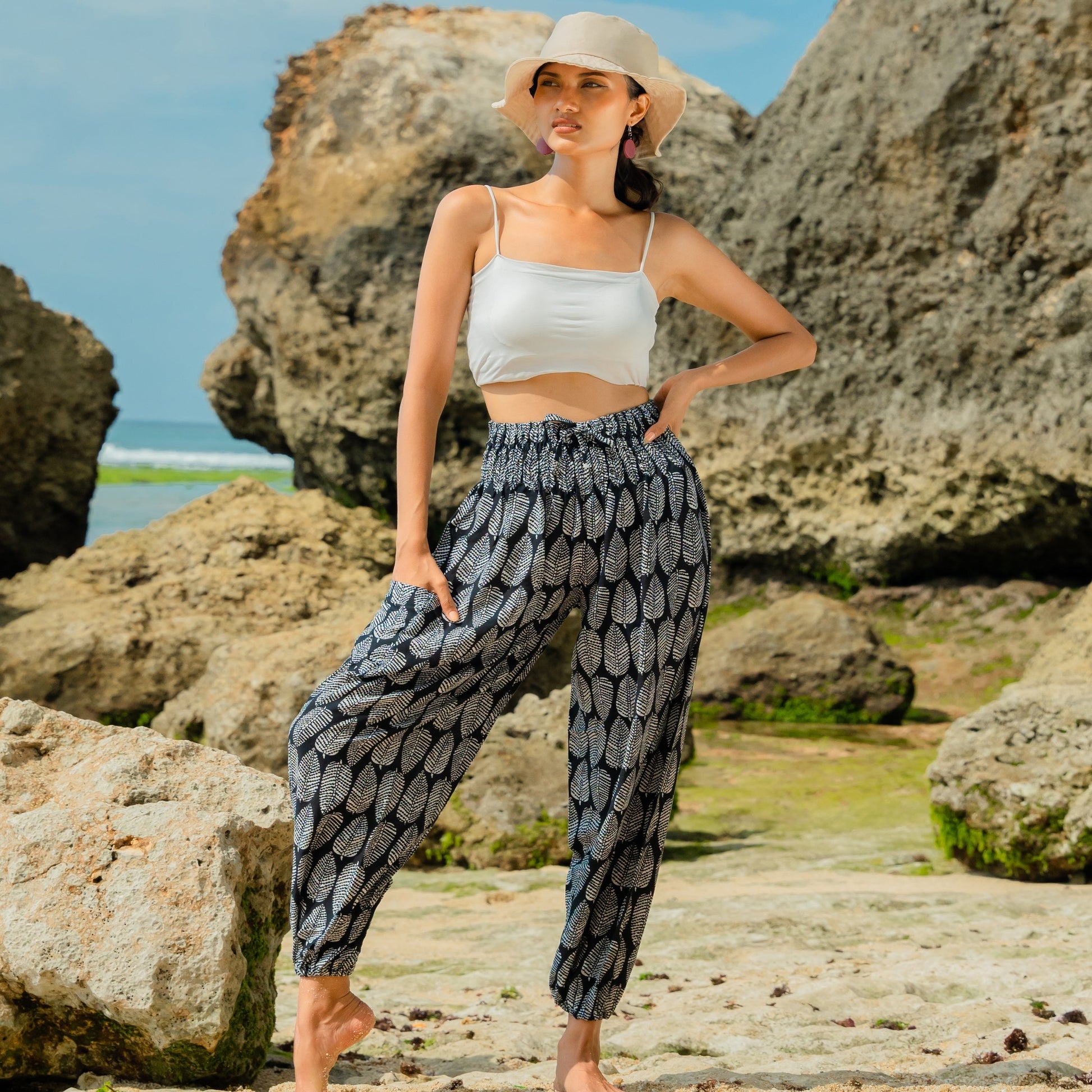 Leaf print Bali pants black white open waist beach resort wear