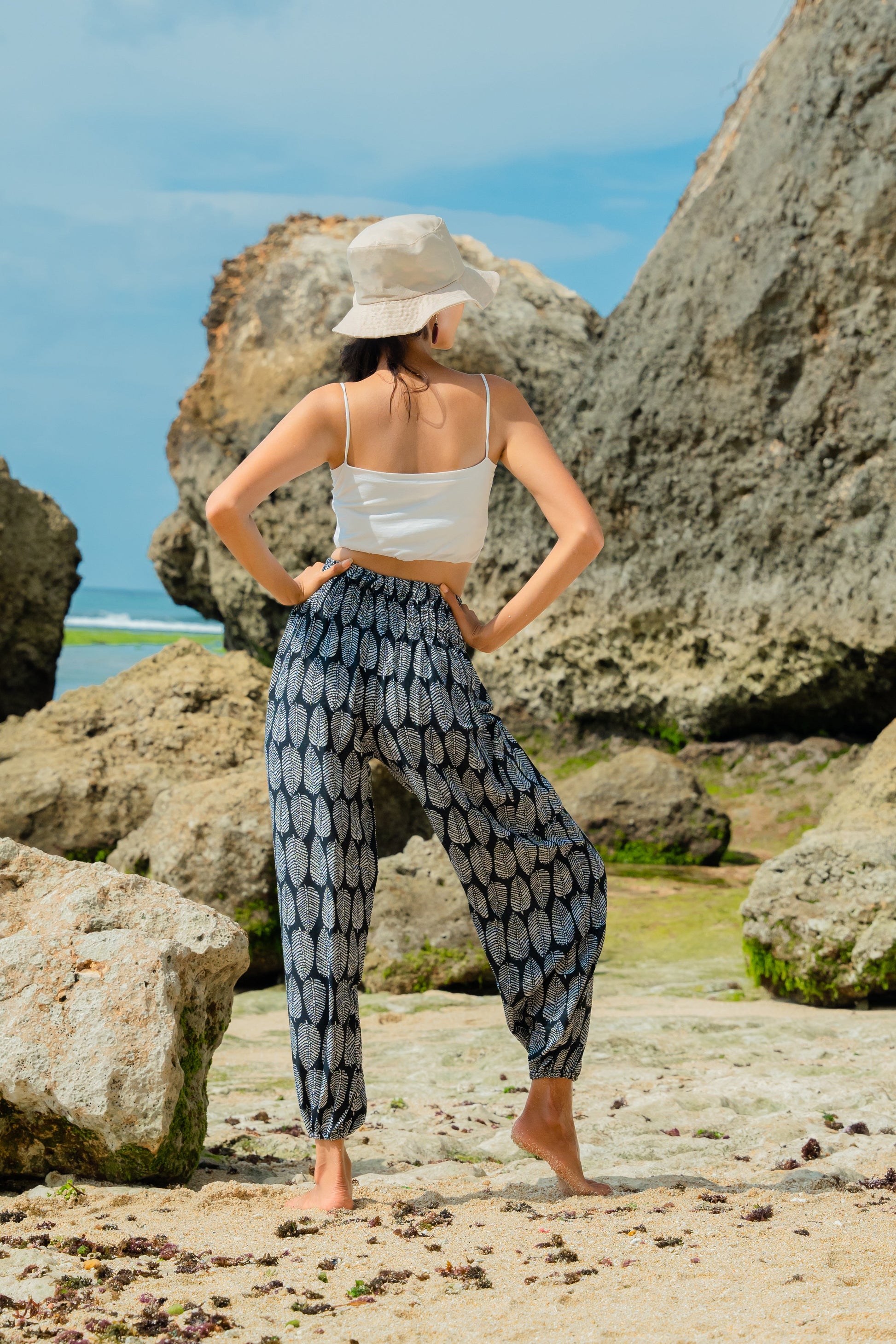 Black and white leaf print Bali pants handmade boho women's trousers back view