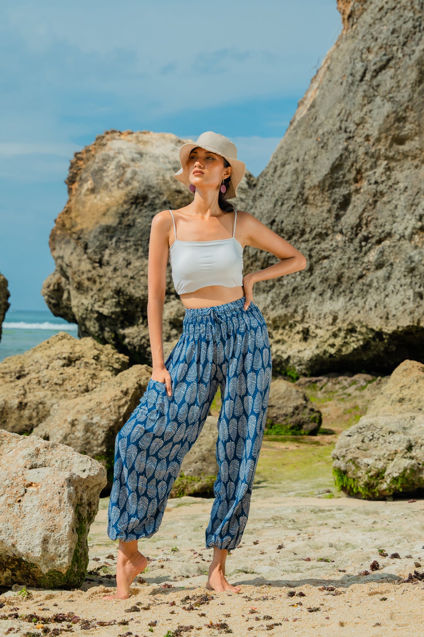Handmade navy white leaf print Bali pants