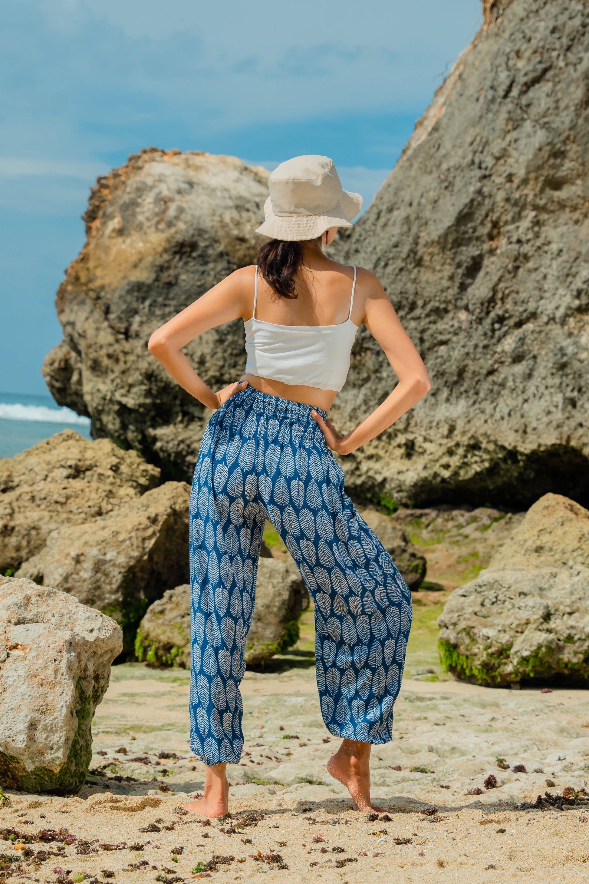 Navy and white leaf print Bali pants handmade boho women's trousers back view