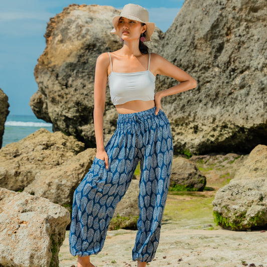 Navy white leaf print Bali pants open waist beach resort wear