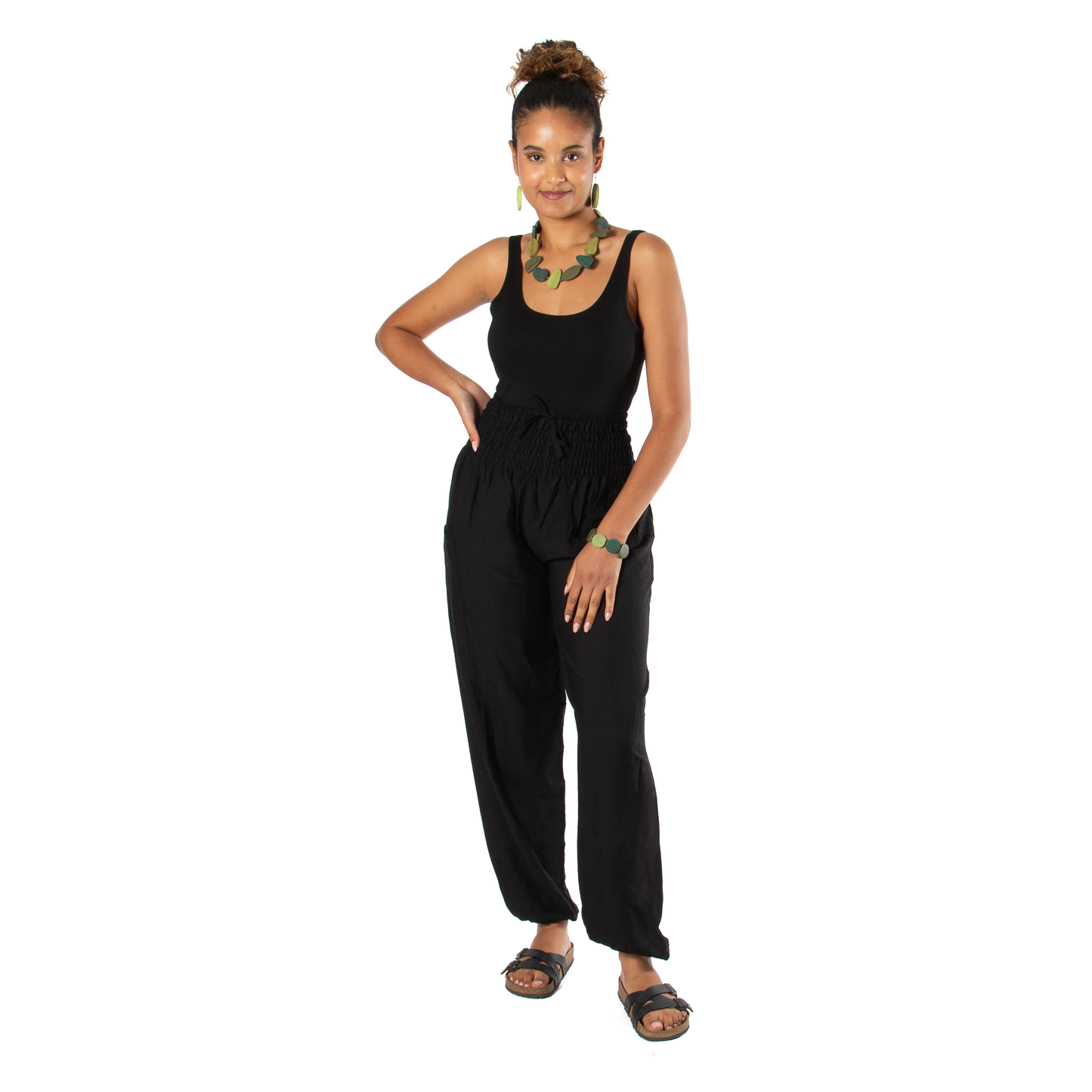 Handmade simple black Bali pants front view boho style