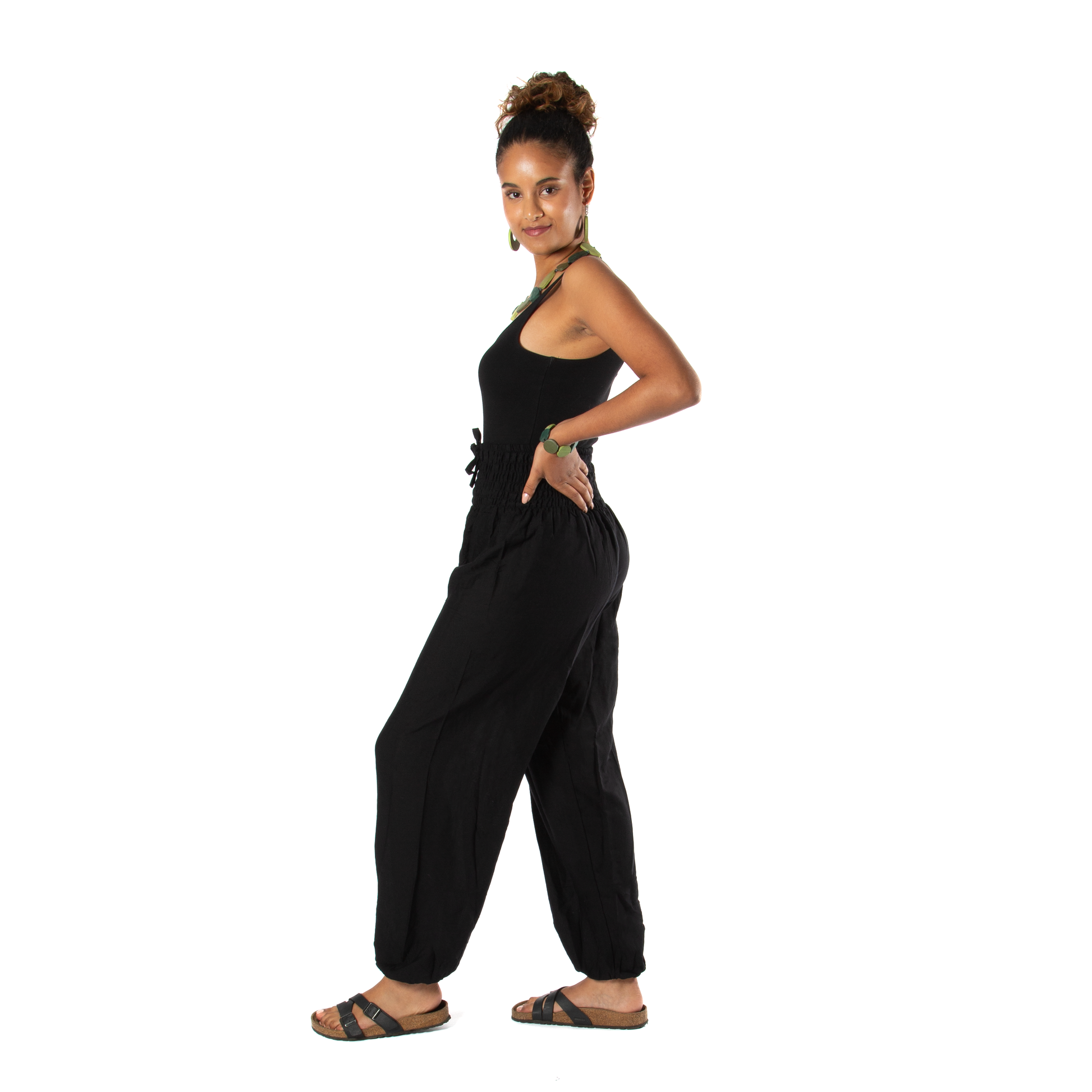Black Bali pants open waist lightweight beach resort wear side view