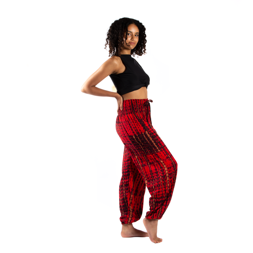 Handmade bone motif tie dye Bali pants side view boho style