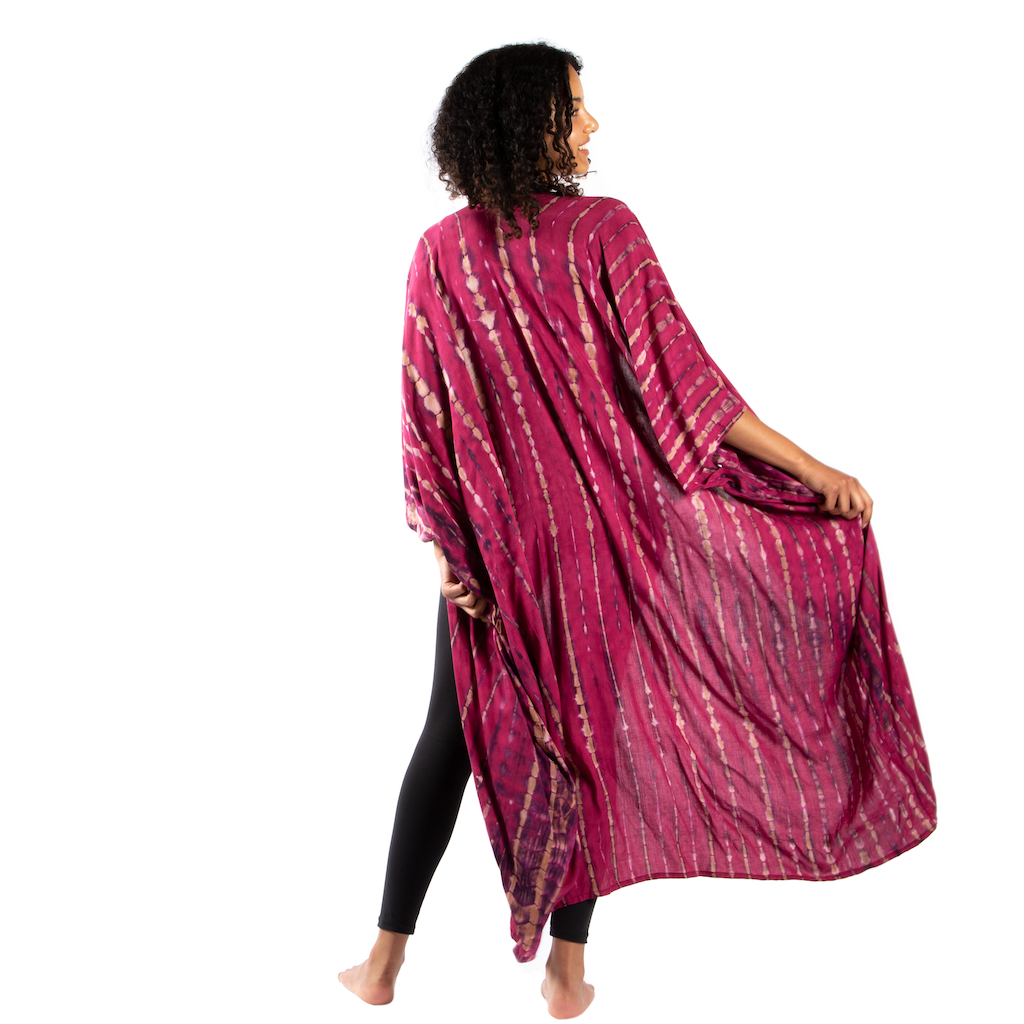 Handmade bone motif tie dye kimono back view Bali artisan clothing