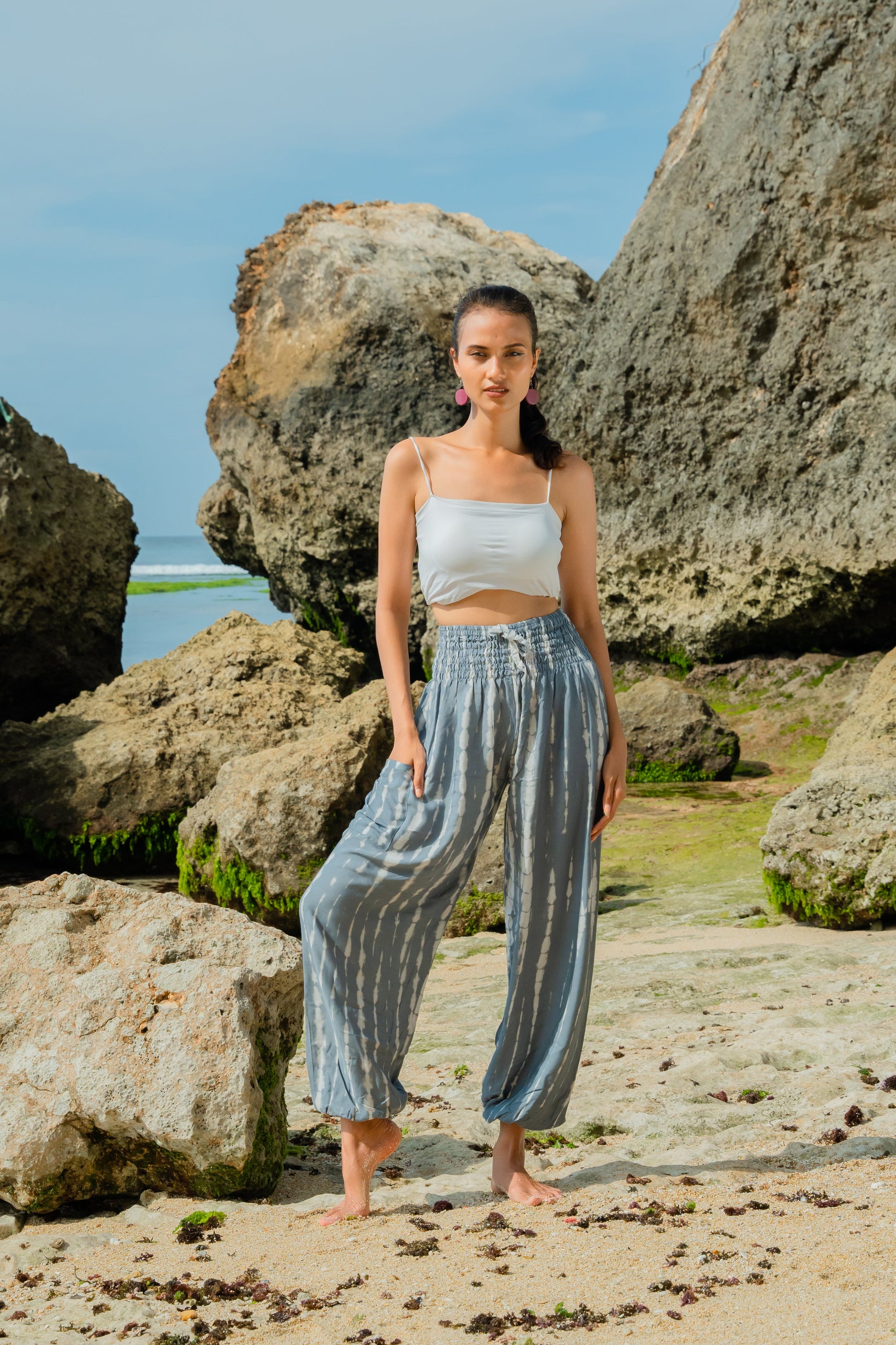 Grey white bone tie dye Bali pants open waist beach resort wear