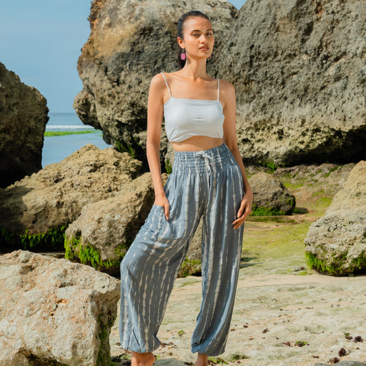 Grey and white bone tie dye Bali pants handmade boho women's trousers