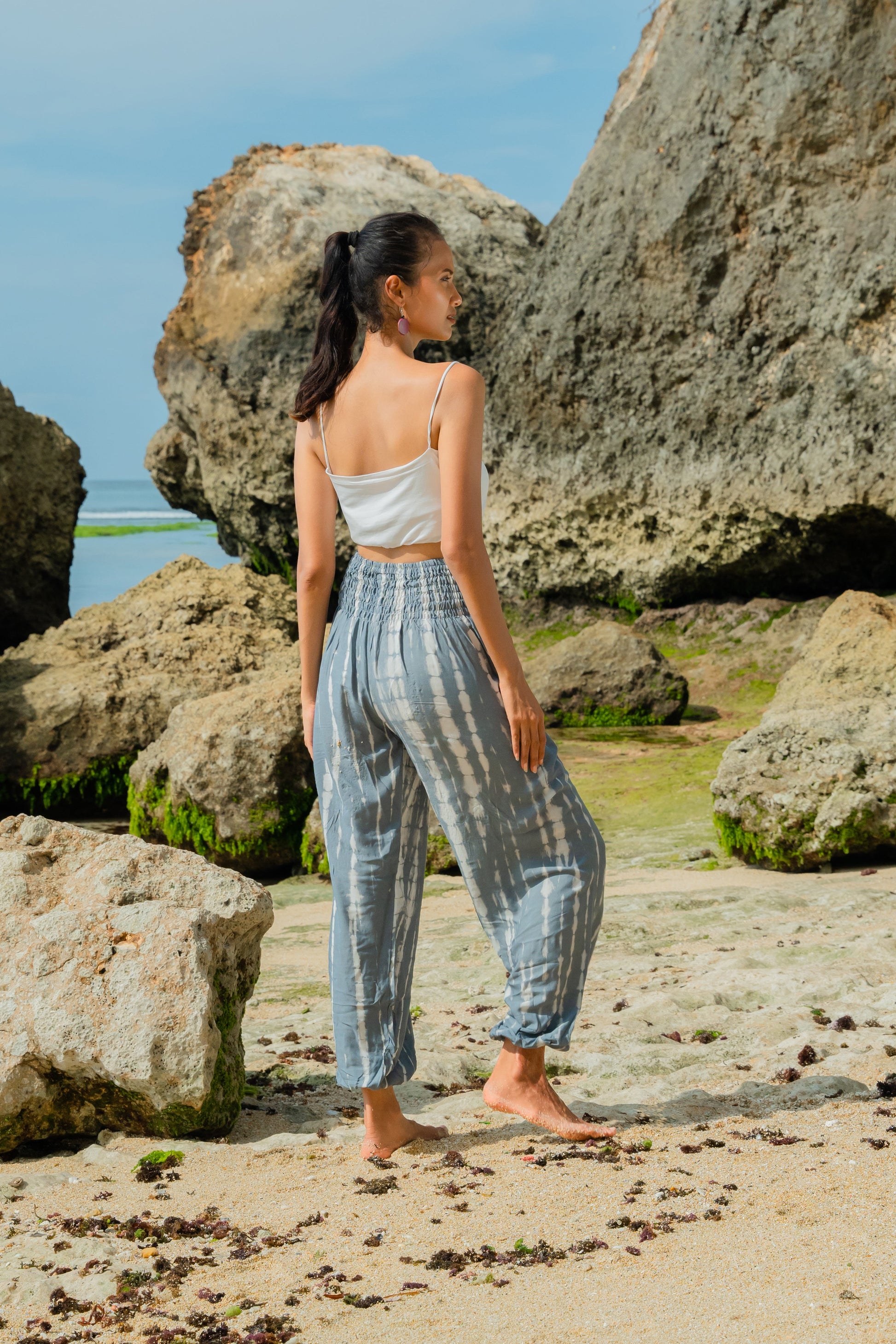 Handmade grey white bone tie dye Bali pants back view boho style