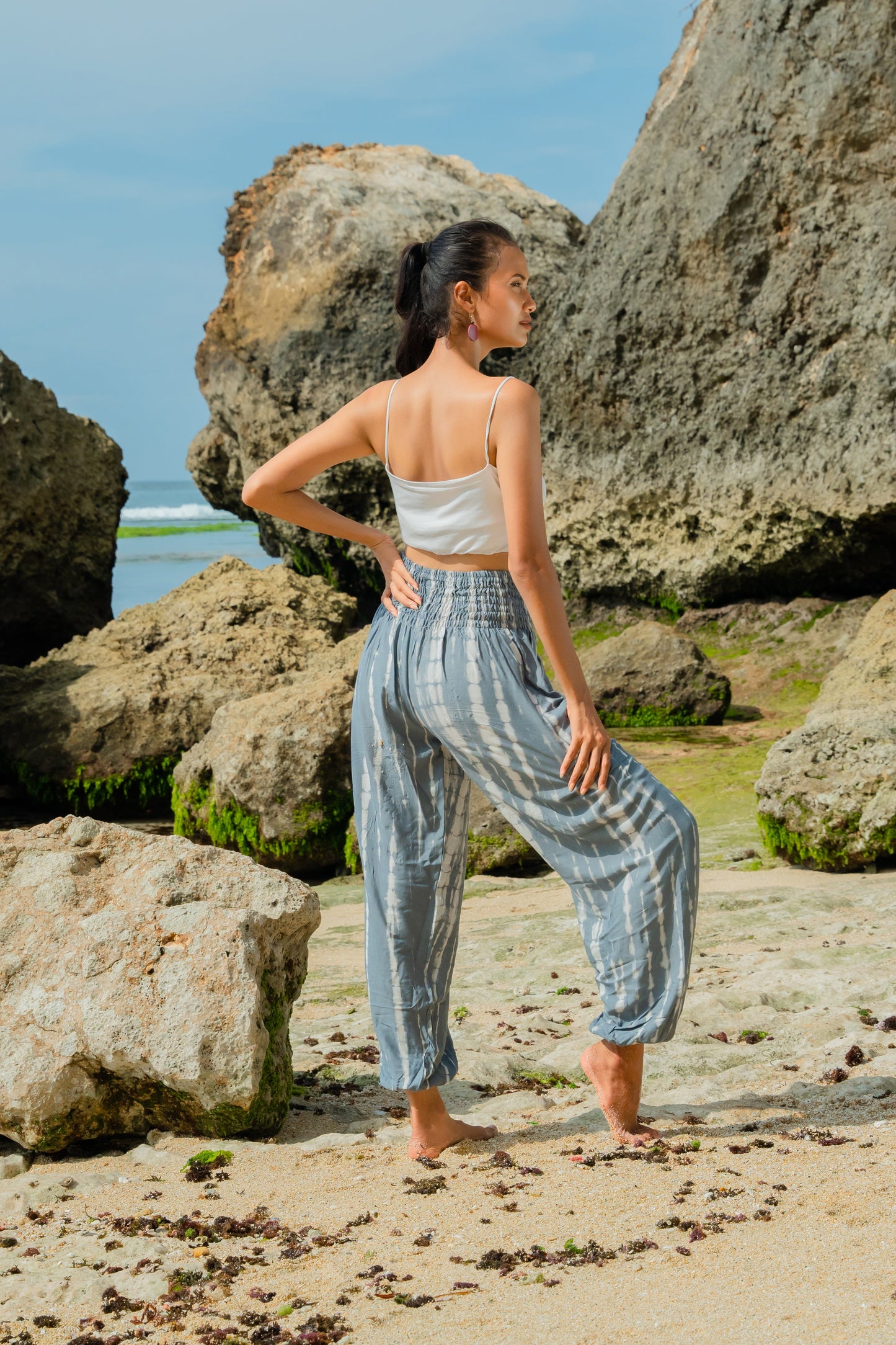 Grey white bone tie dye Bali pants fabric texture back view