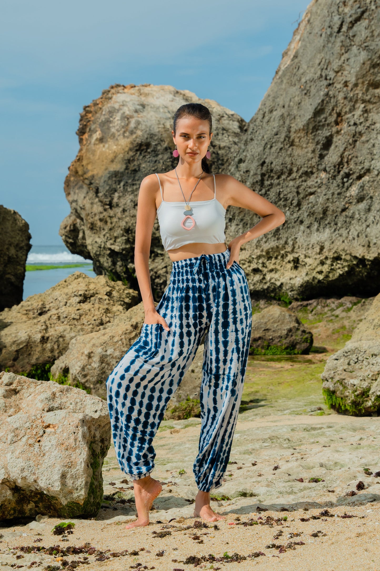 avy and white bone tie dye Bali pants handmade boho women's bottoms