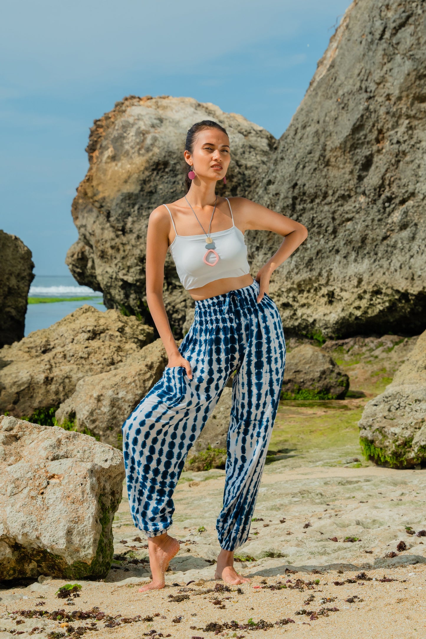 Navy and white bone tie dye Bali pants handmade boho women's trousers