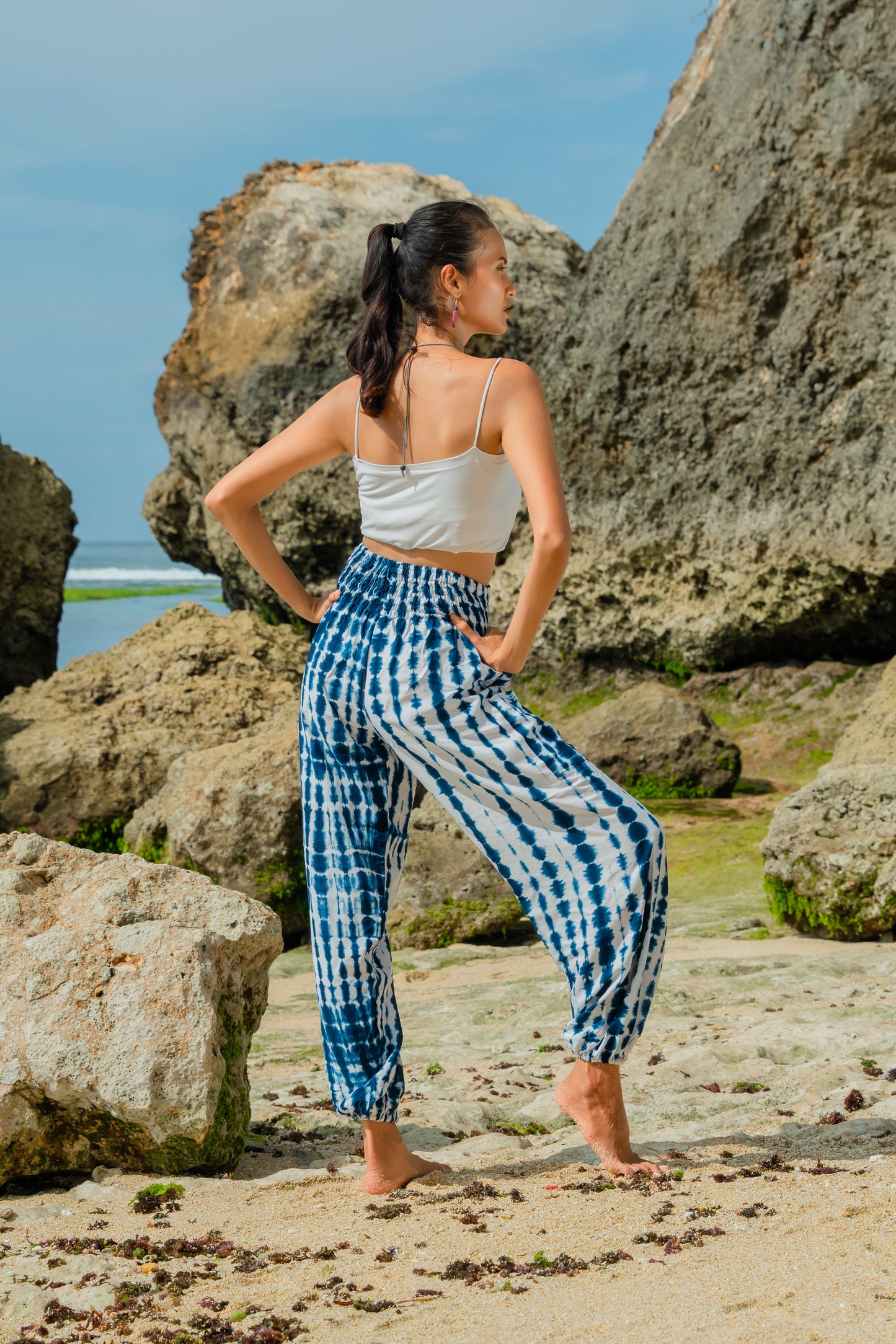 Handmade bone tie dye Bali pants navy white back view