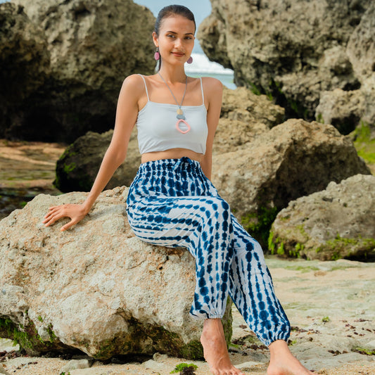 Navy white bone tie dye Bali pants open waist beach resort wear