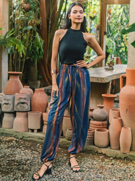 Navy and gold abstract tie dye Bali pants handmade boho women's trousers
