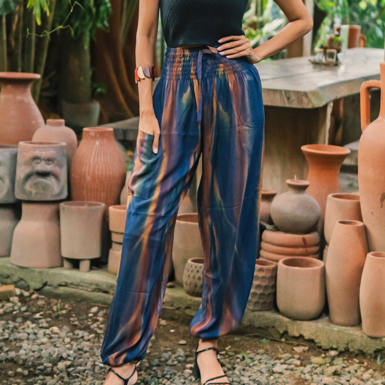 Handmade navy gold abstract tie dye Bali pants front view