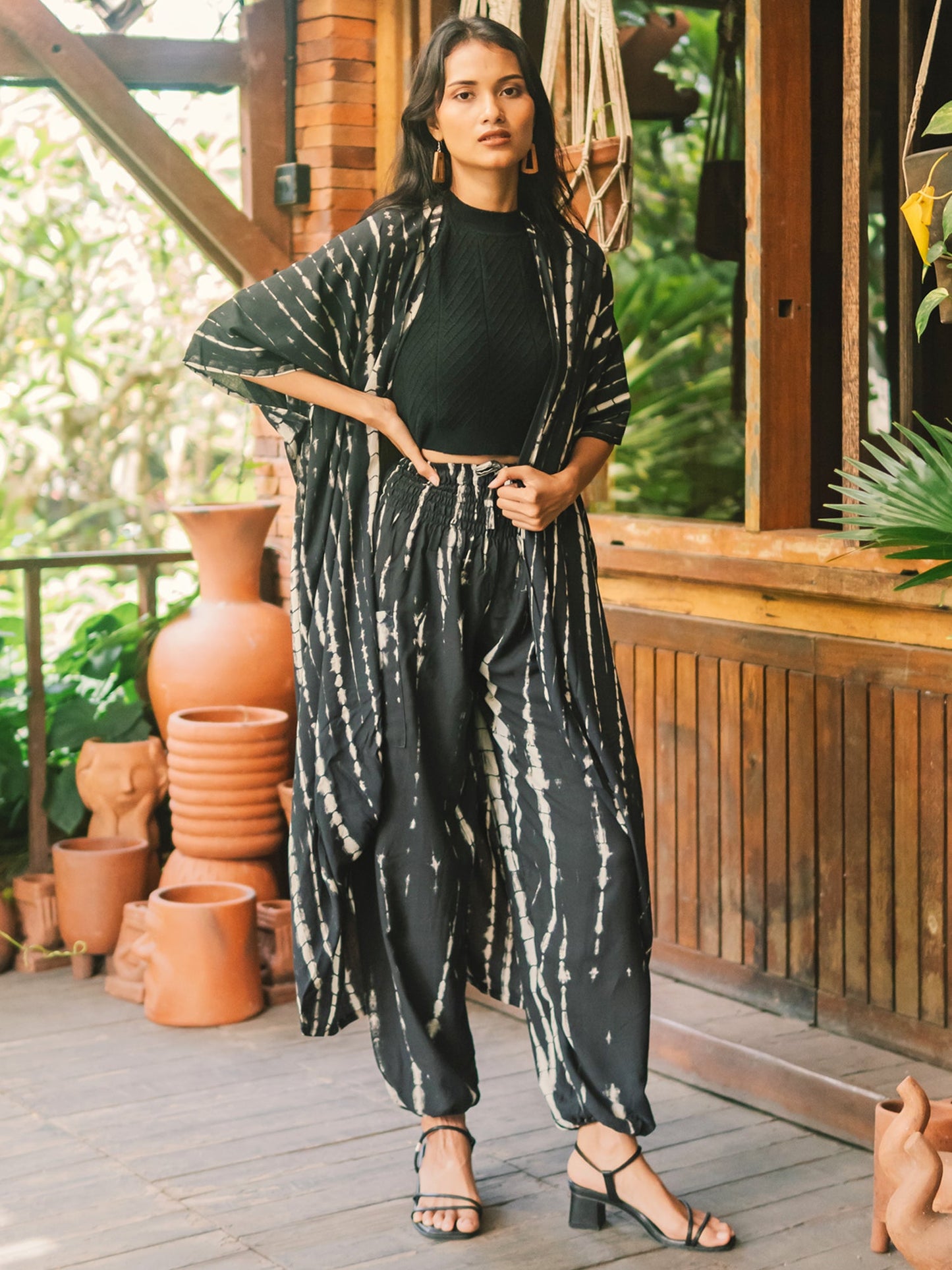 Black white tie dye kimono open front with matching bali pants boho festival wear