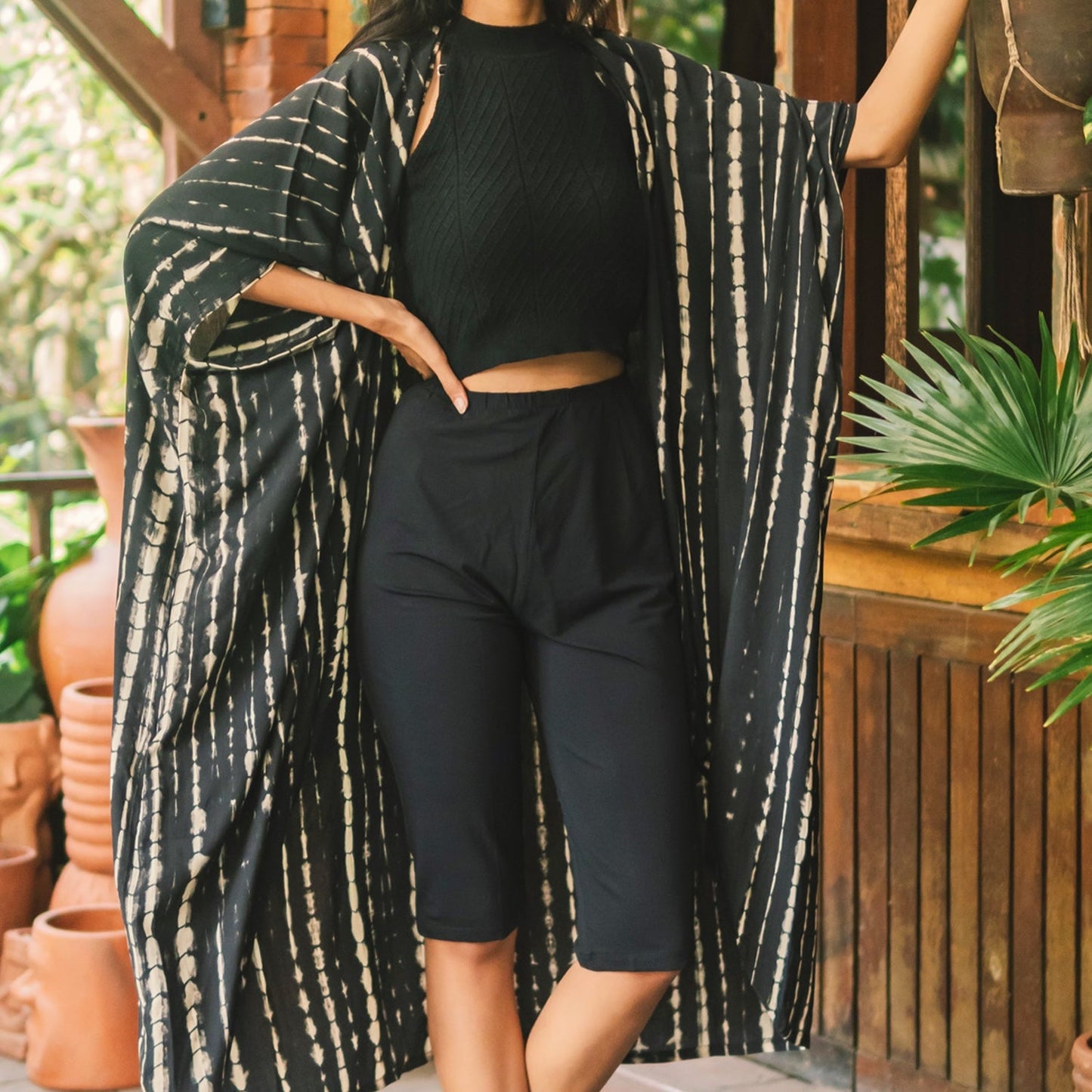 Handmade tie dye long kimono black white Bali artisan