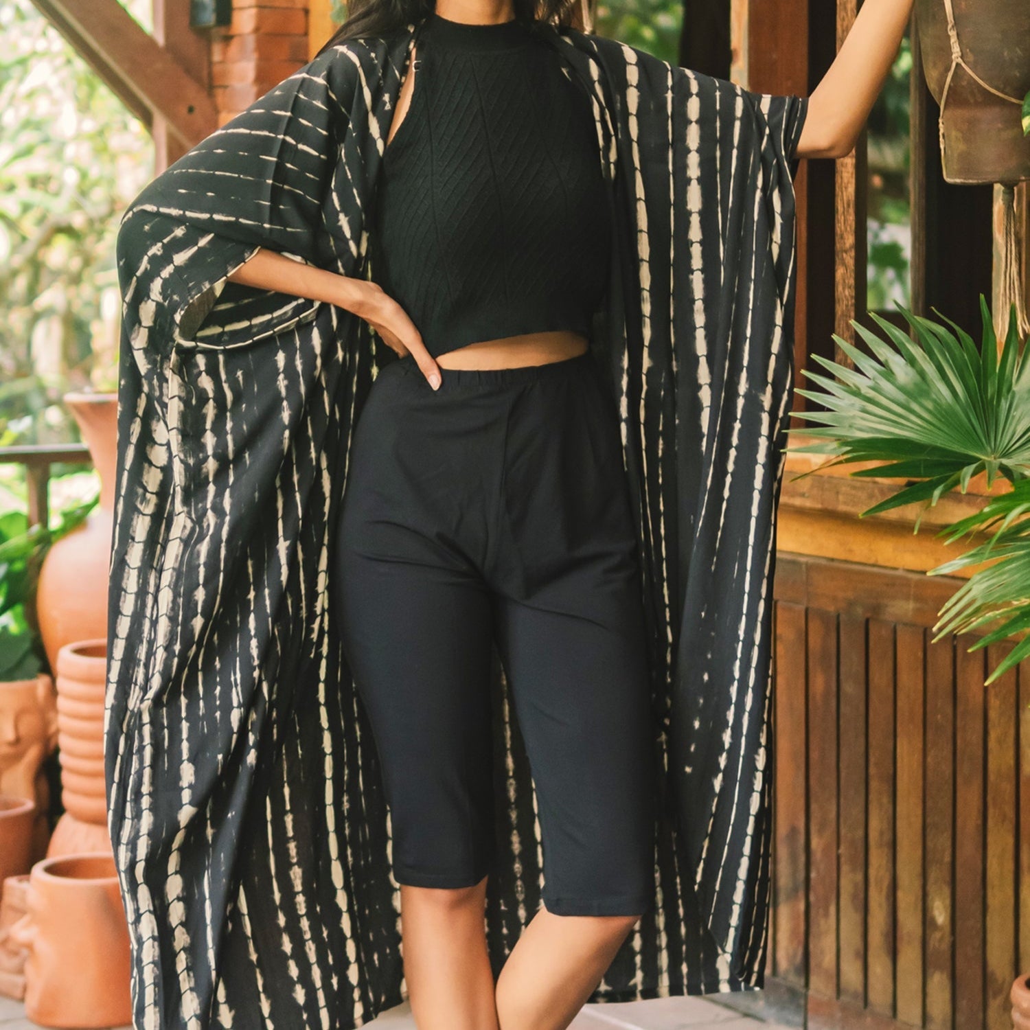 Handmade tie dye long kimono black white Bali artisan