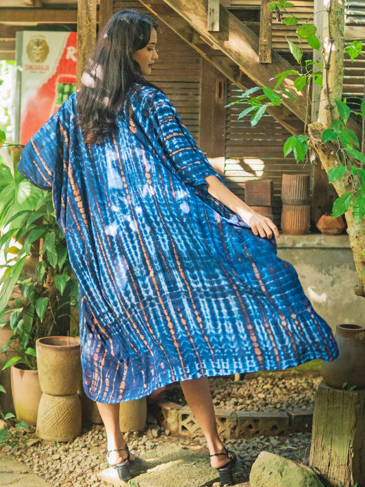 Blue tie dye long kimono Bali handmade boho beach cover up