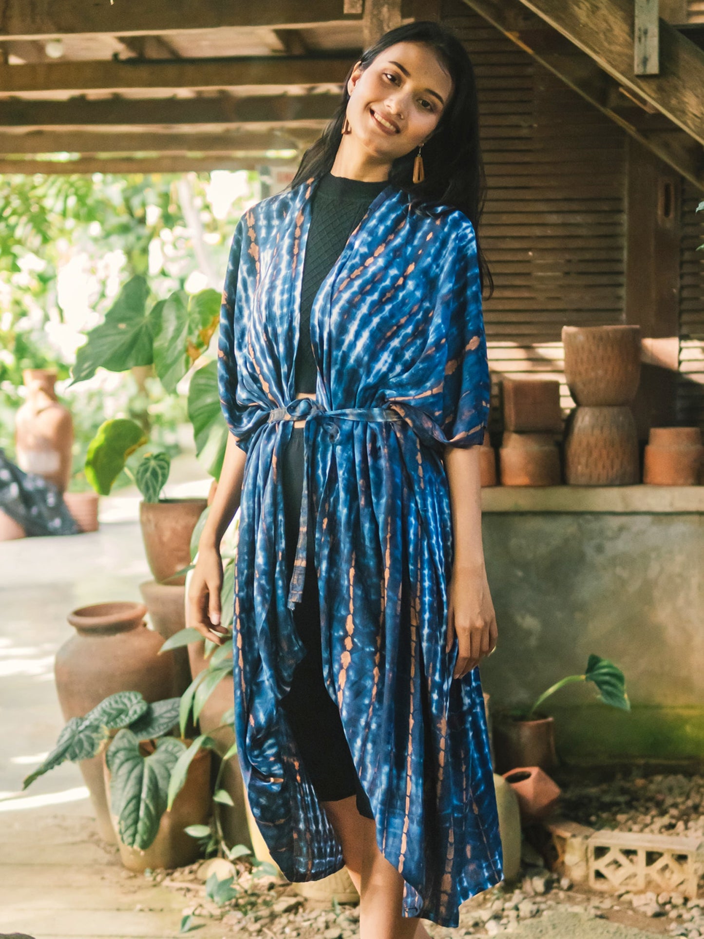 Blue tie dye kimono open front women's beach coverup