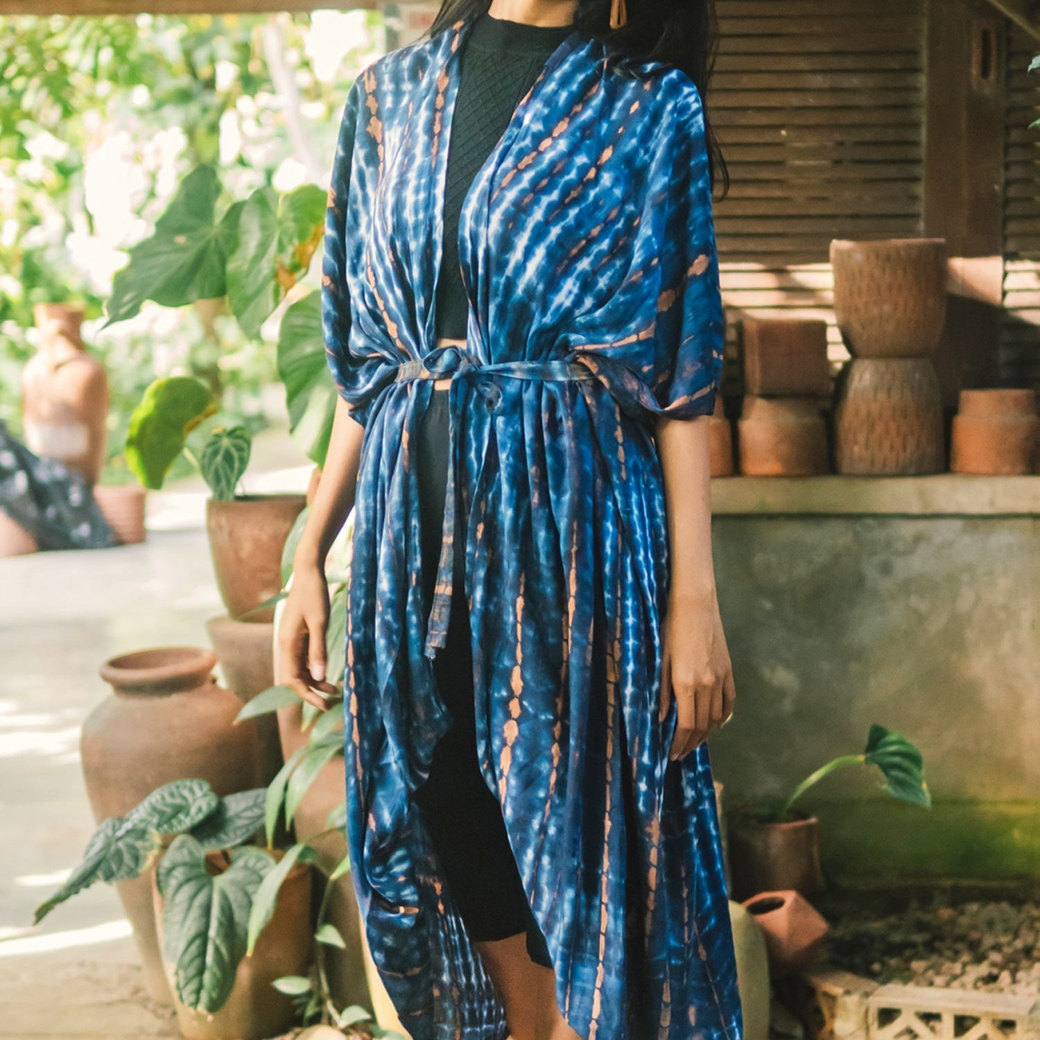 Handmade blue tie dye long kimono Bali artisan clothing