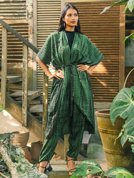 Green and gold tie dye long kimono Bali handmade boho beach cover up