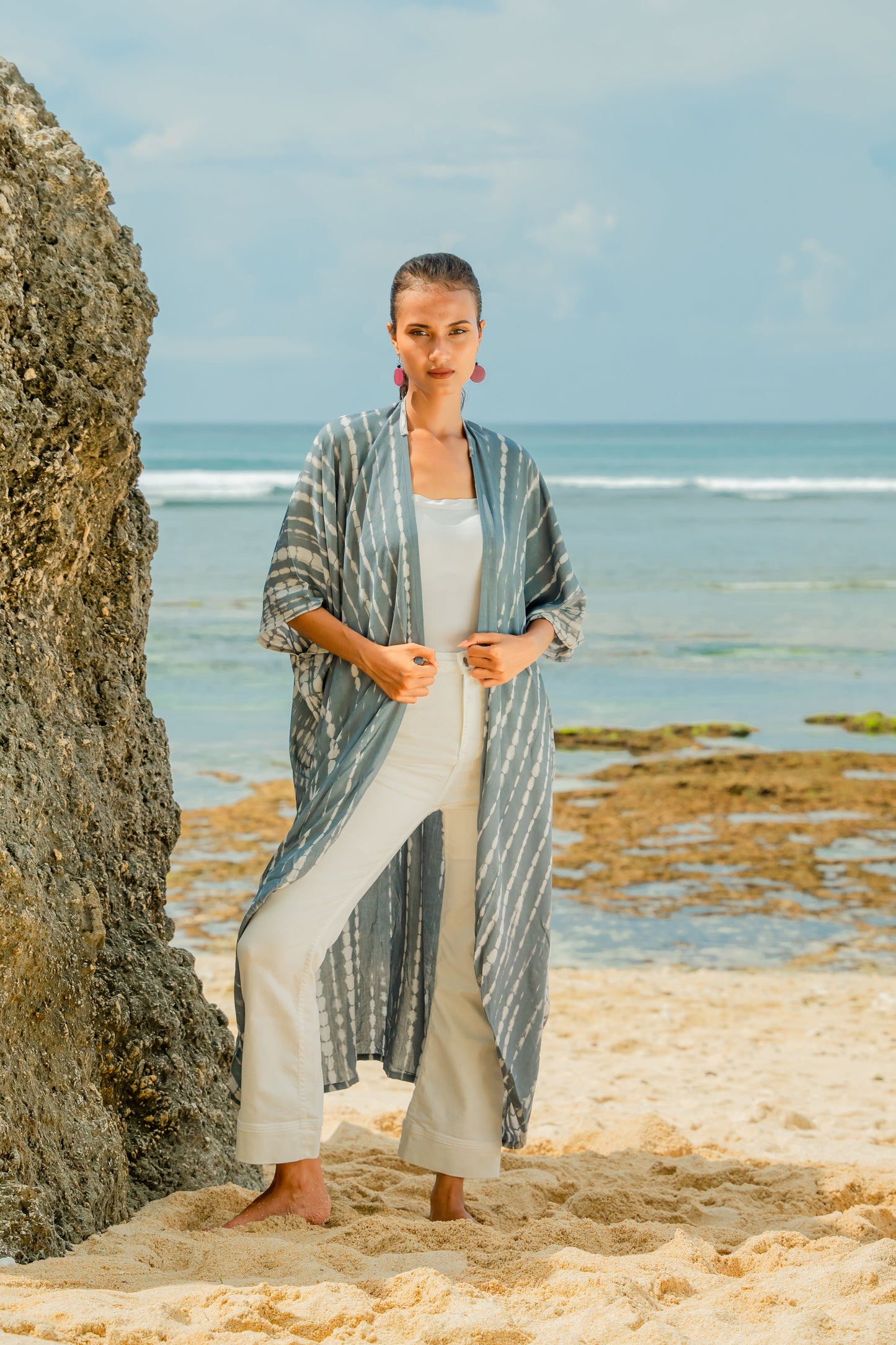Grey white bone tie dye kimono open front beach coverup