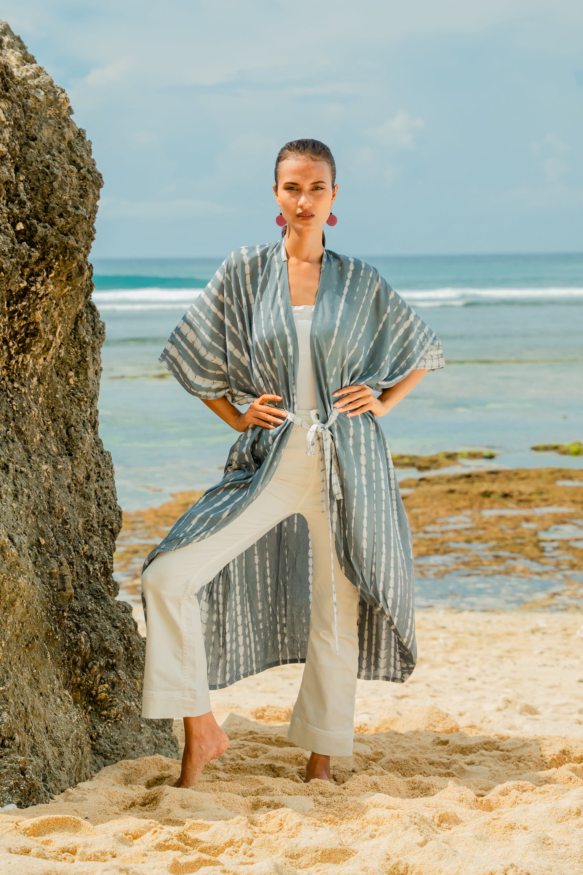Grey and white bone print kimono boho festival wear