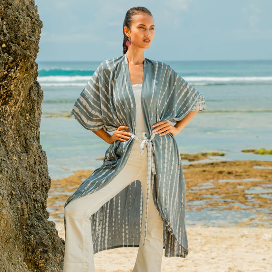 Grey and white bone tie dye kimono Bali handmade boho beach cover up