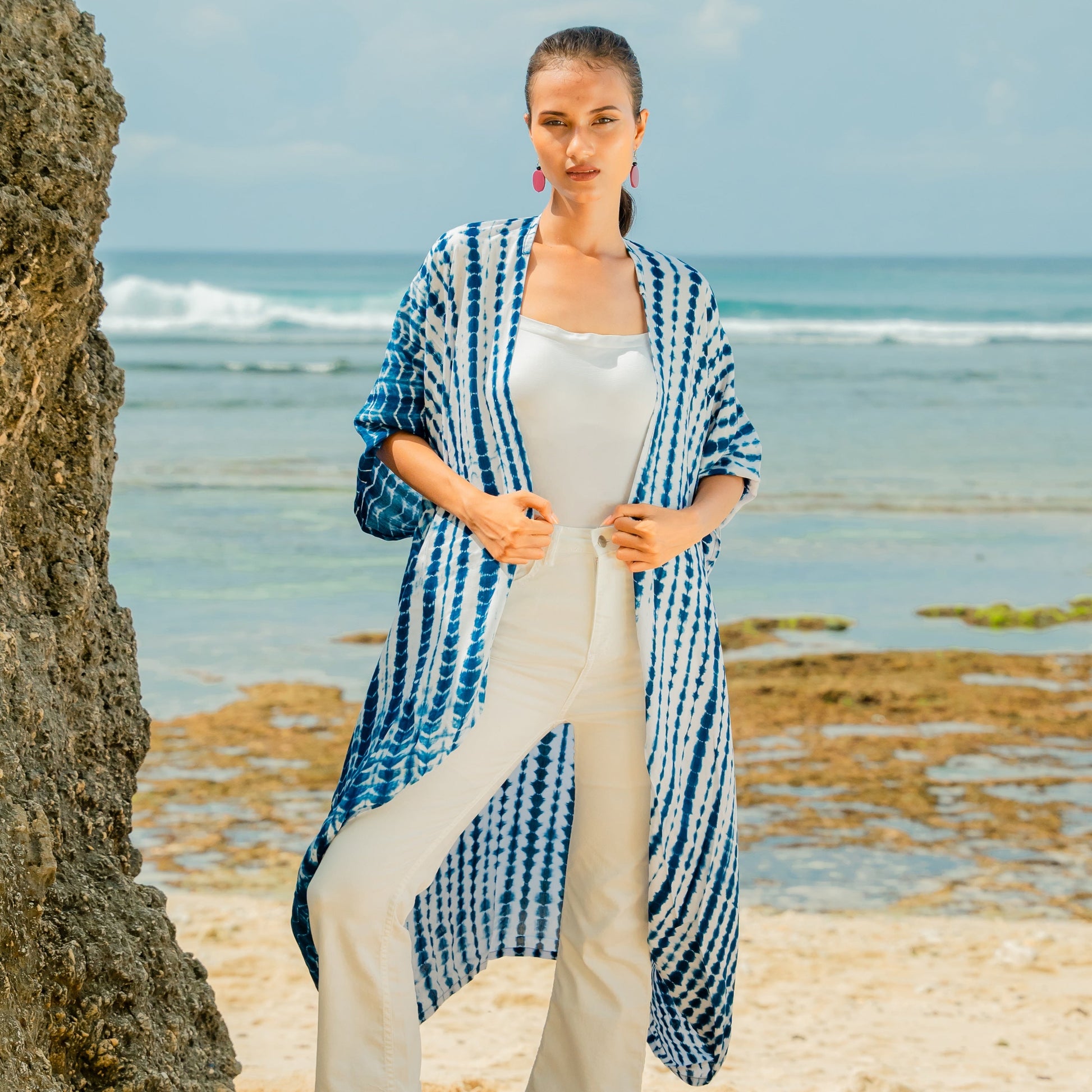 Navy and white bone tie dye kimono Bali handmade boho beach cover up