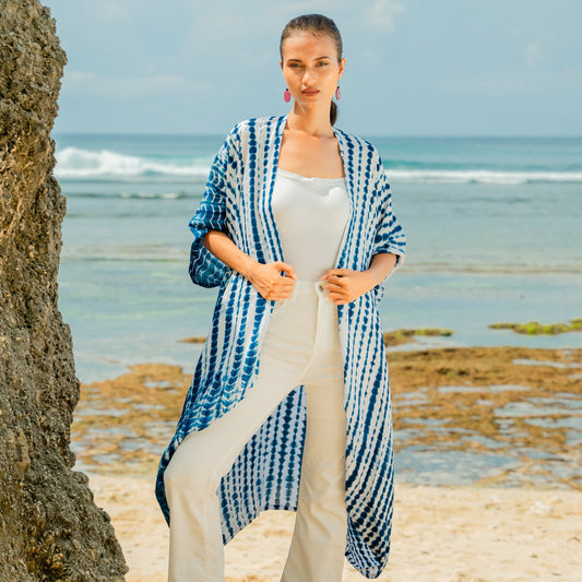 Navy and white bone tie dye kimono Bali handmade boho beach cover up