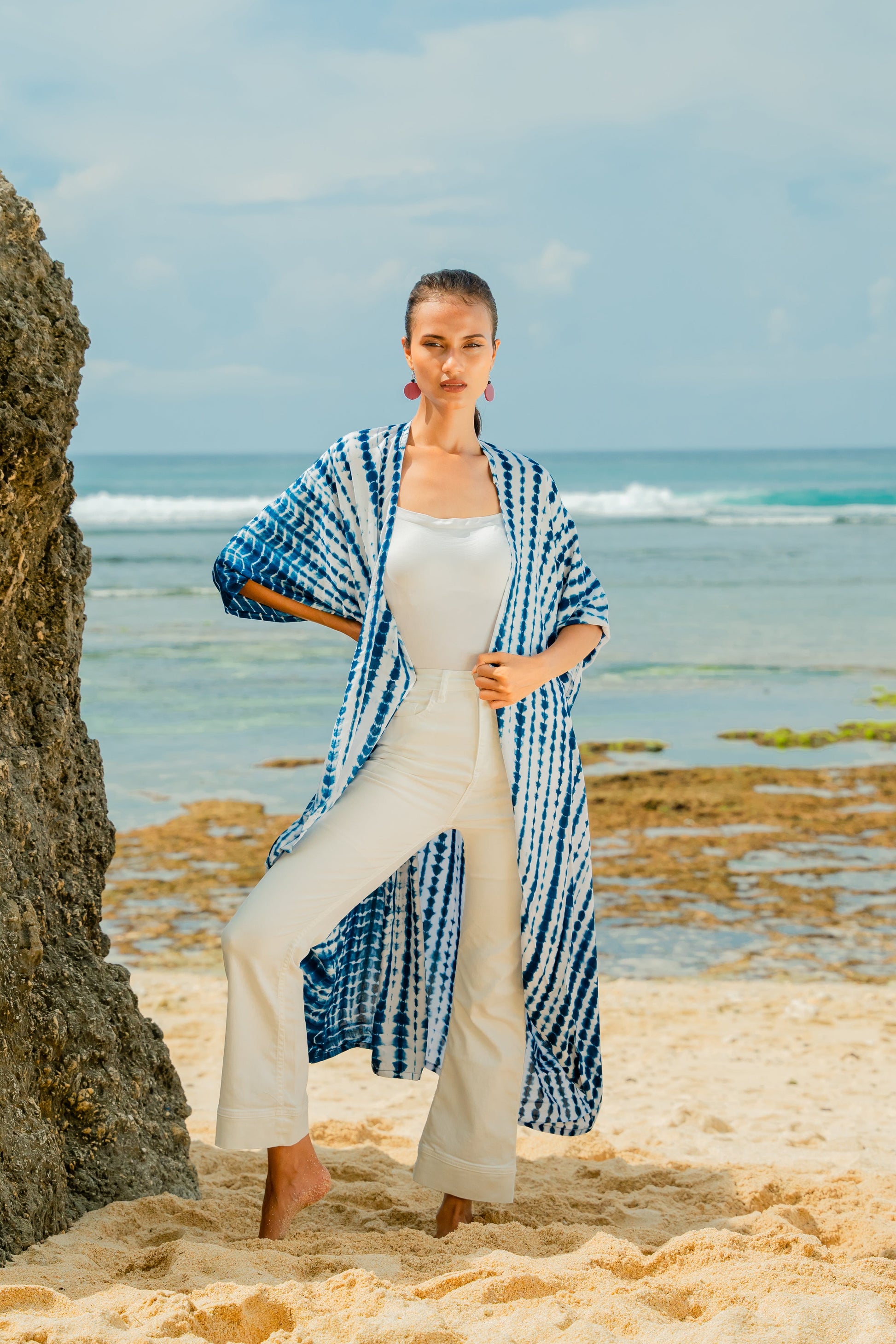 Handmade bone tie dye kimono navy white Bali artisan clothing